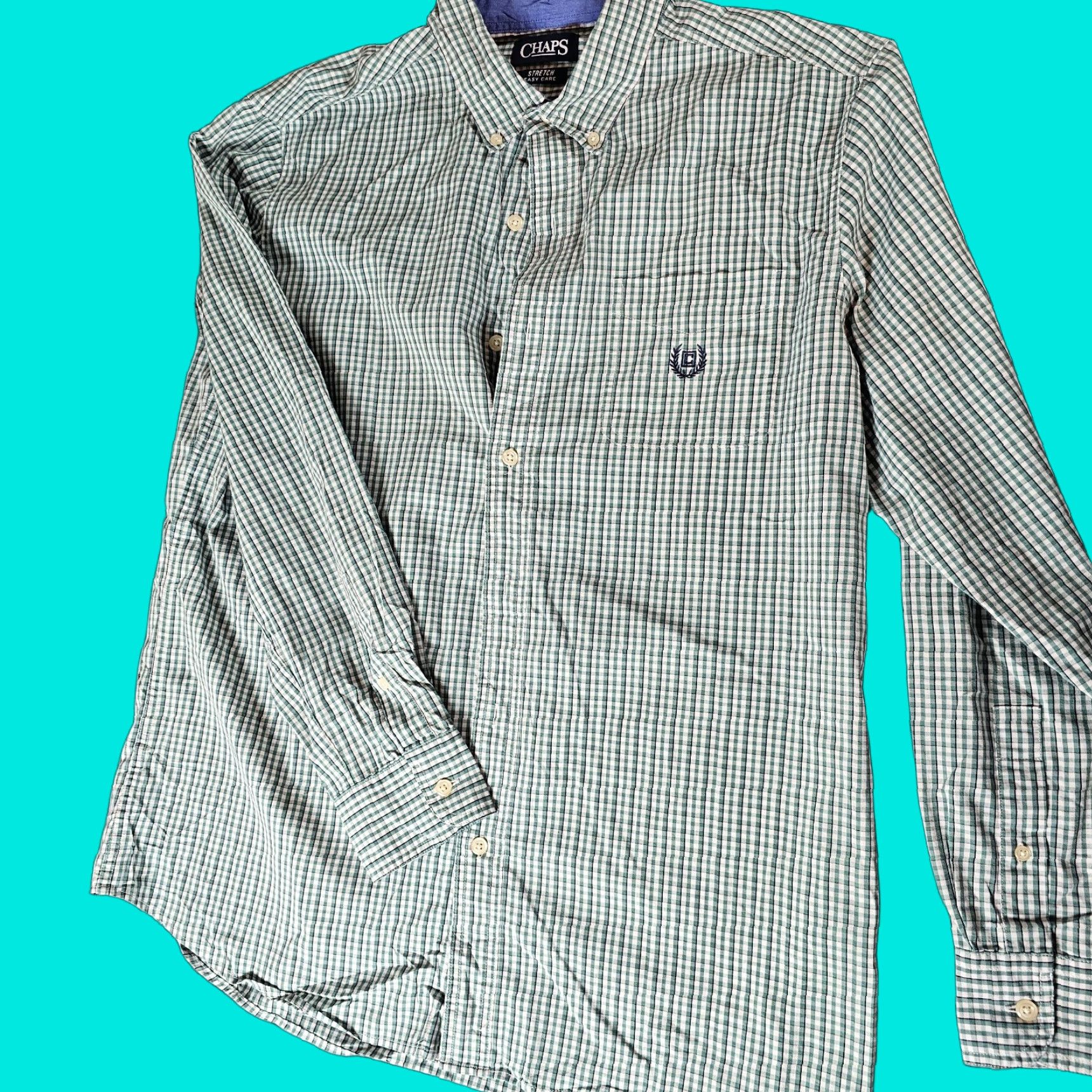 Chaps Chaps Button-Up Shirt Men L Green Long Sleeve Check Pattern Stretch Casual Formal Business Workwear Size US L / EU 52-54 / 3 - 1 Thumbnail