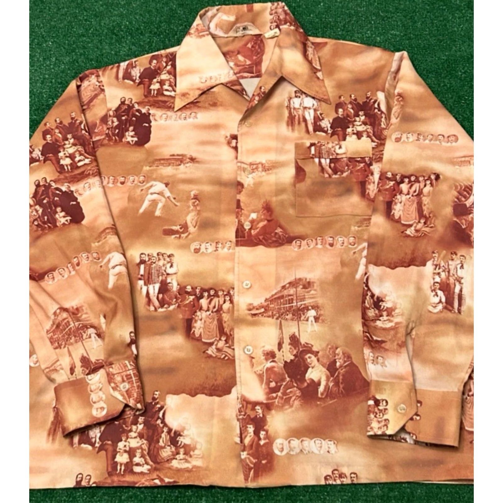 Gloverall VINTAGE All Over Print Button Up Shirt American History Art Mens XL 1970s 70s USA Brown Long Sleeve Button-Up Size US XL / EU 56 / 4 - 6 Thumbnail