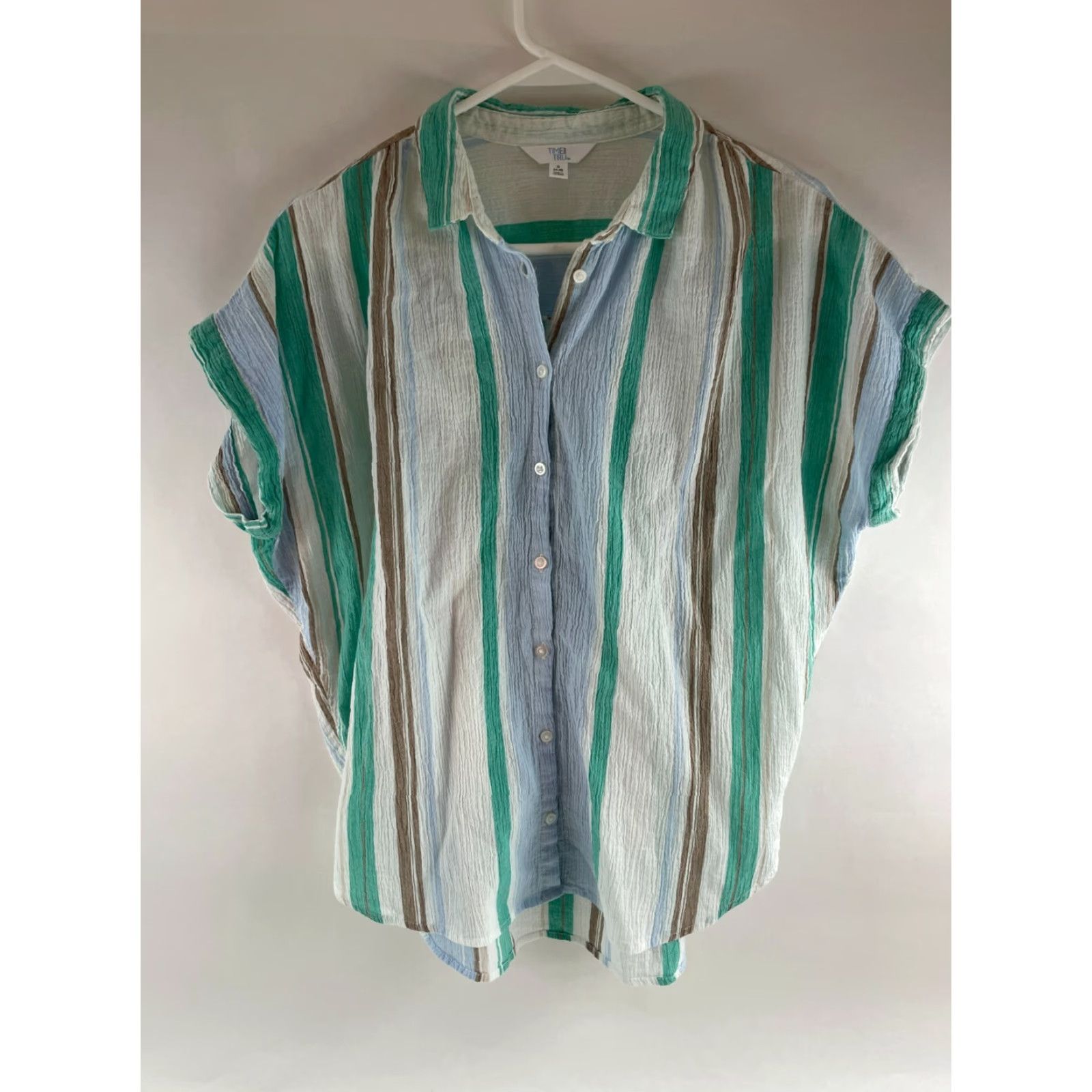 Vintage Time And Tru Blouse Shirt Women's S White Striped Cap Sleeve Buttoned Casual Breathable Size S / US 4 / IT 40 - 2 Thumbnail