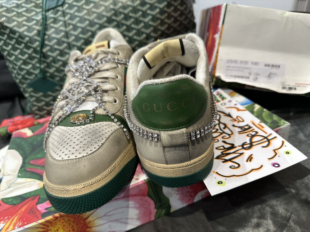 Gucci Off White Green Distressed Leather Crystal Screener Sneakers Size US 14 / EU 47 - 15 Thumbnail