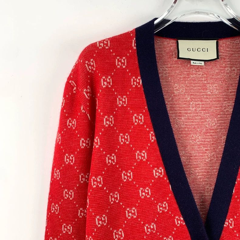 Gucci Gucci Red logo jacquard full-print wool V-neck single-brea Size S / US 4 / IT 40 - 3 Thumbnail