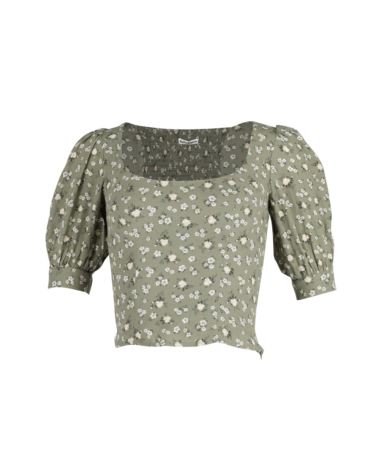 image of Reformation Floral Print Viscose Top With Shirred Back And Elbow-Length Sleeves in Green/Khaki, Wom