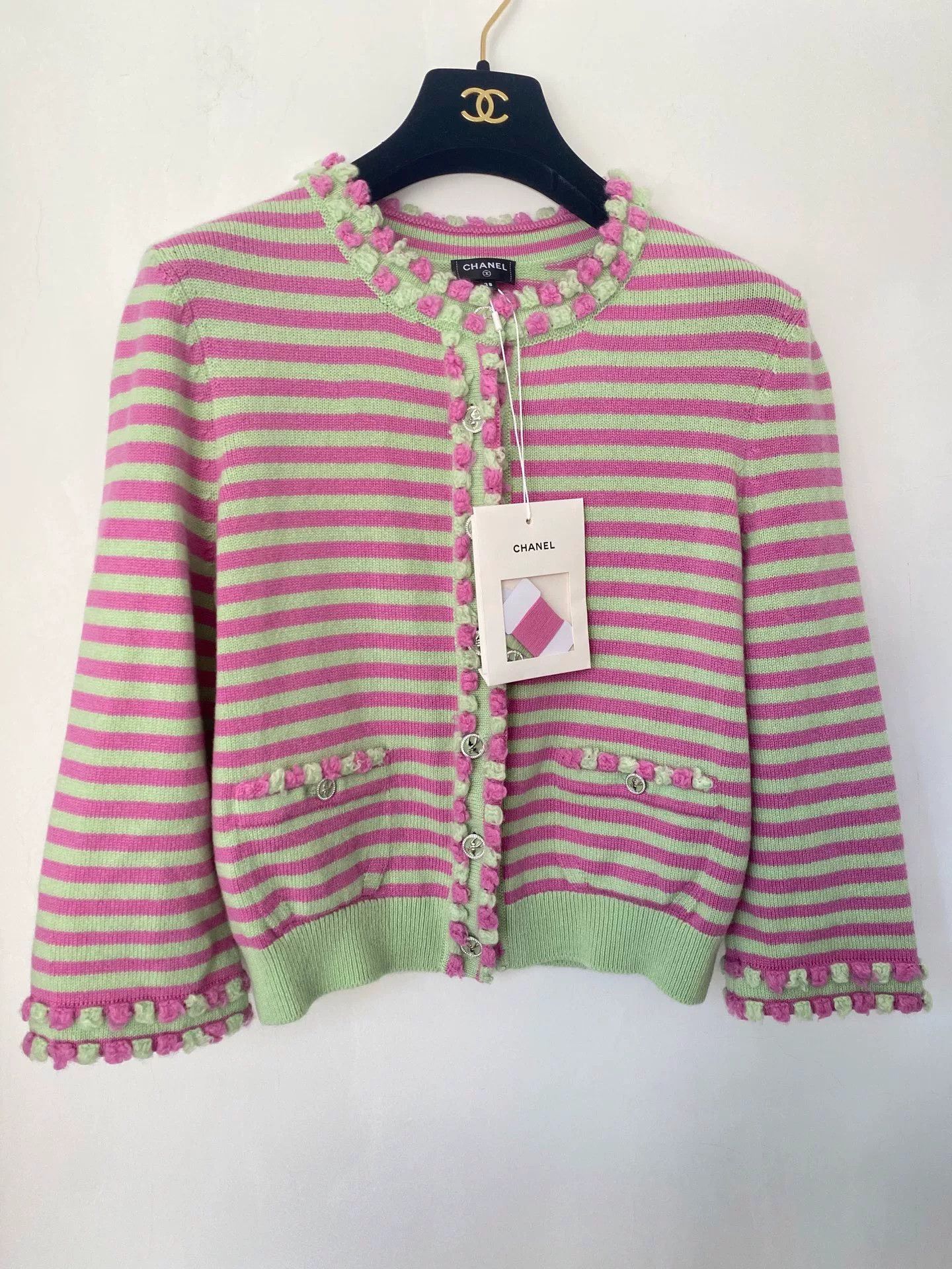 Chanel Chanel Pink Green Stripe Knit Cardigan Size US M / EU 48-50 / 2 - 1 Thumbnail