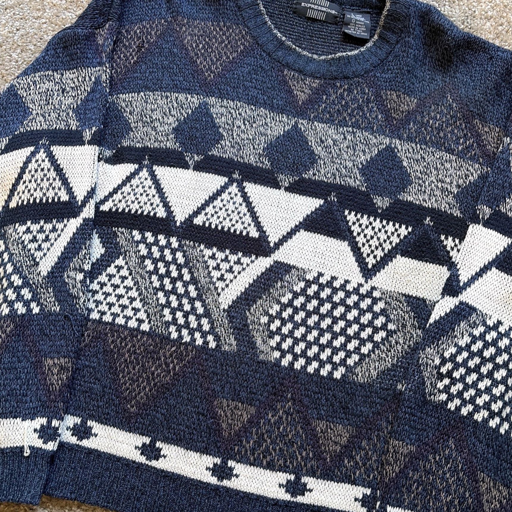 Vintage VINTAGE Expressions Sweater Unisex Adults Large White 90s Multi Pattern Acrylic Knit Pullover Size US L / EU 52-54 / 3 - 4 Thumbnail