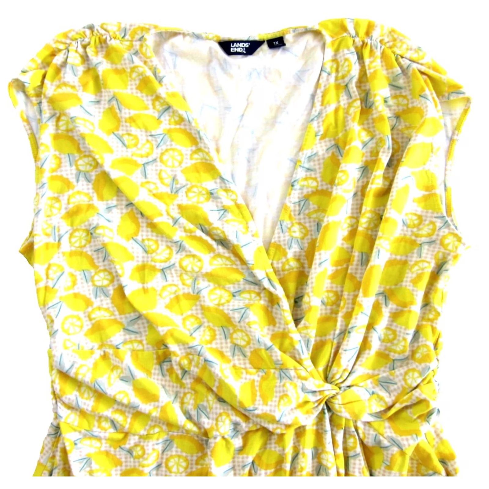 Lands' End Lands' End Yellow Green Lemon Stretch Cap Sleeve V-Neck Twist Sheath Dress 1X Size XL / US 12-14 / IT 48-50 - 3 Thumbnail