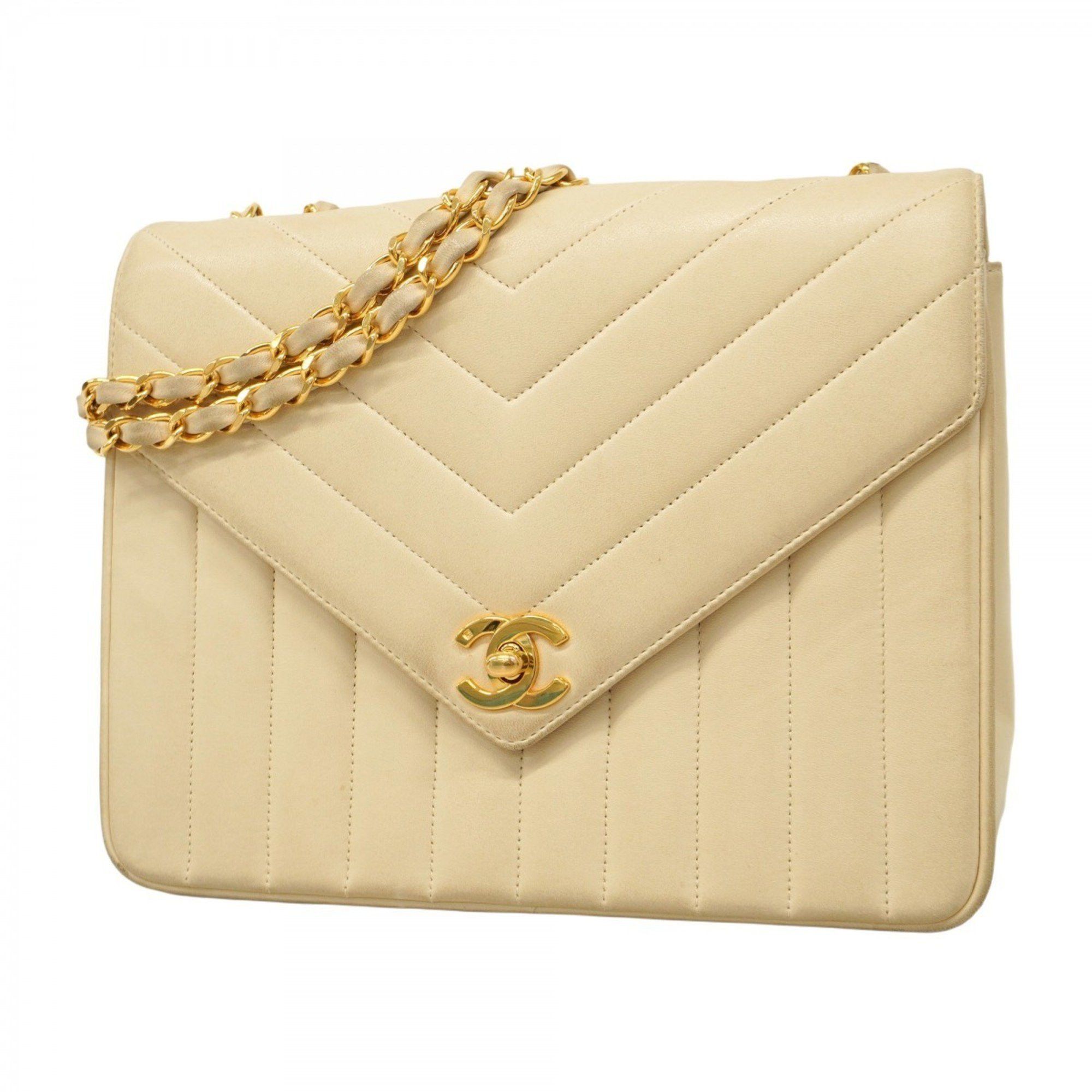 Chanel Shoulder Bag V Stitch W Chain Lambskin Beige Women's