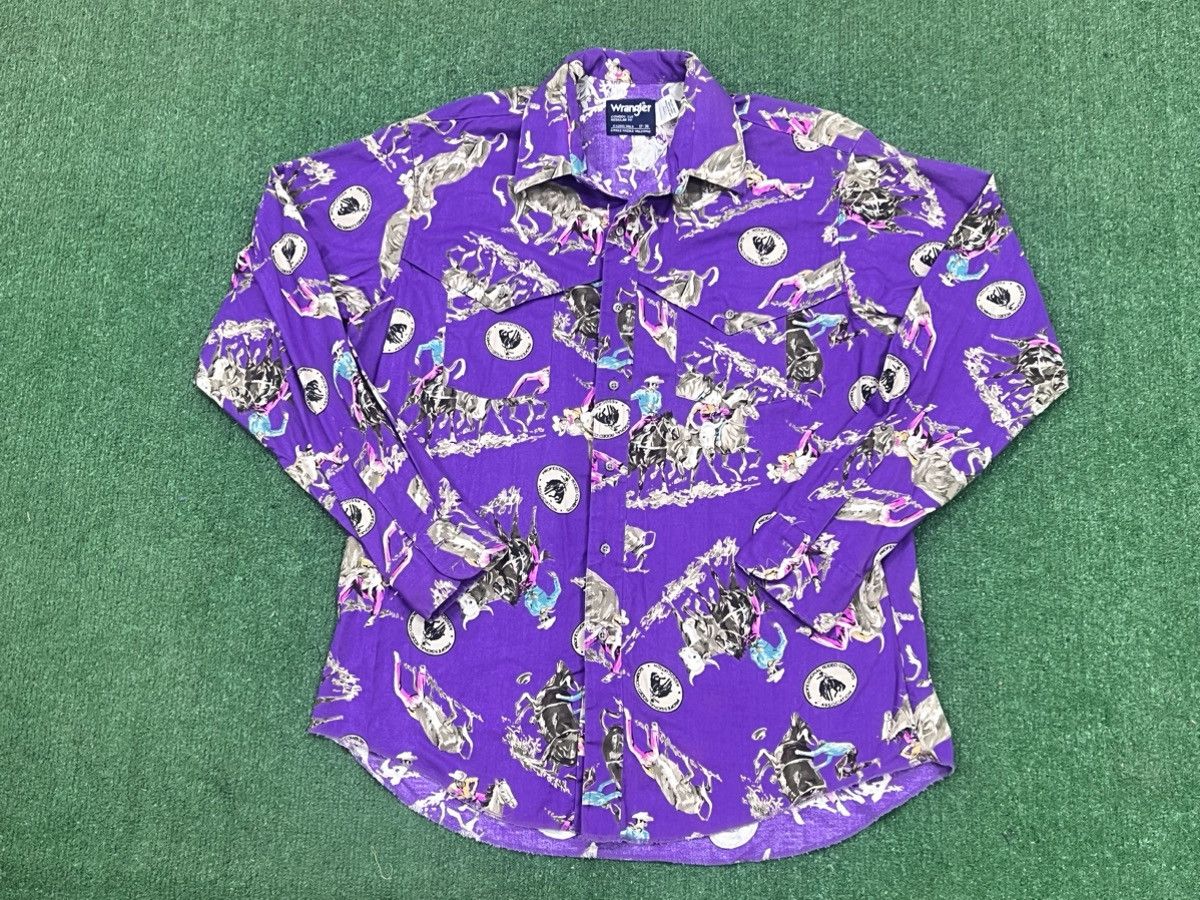 Image of Vintage 80's Wrangler Professional Rodeo Cowboy Association Shirt in Purple, Men's (Size XL)