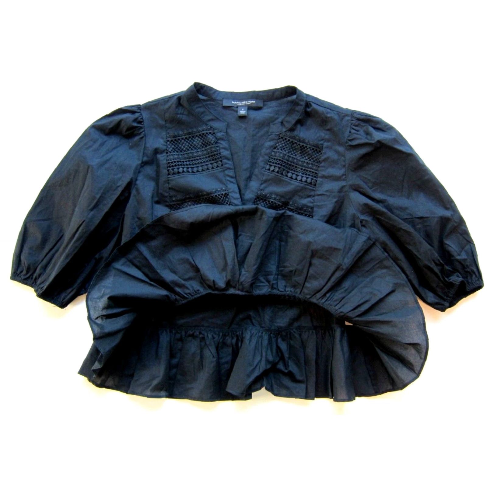 Vintage VINTAGE Andrew Marc New York Cotton Black Button Down V-Neck Ruffle Puff Sleeve Blouse S Size S / US 4 / IT 40 - 4 Thumbnail