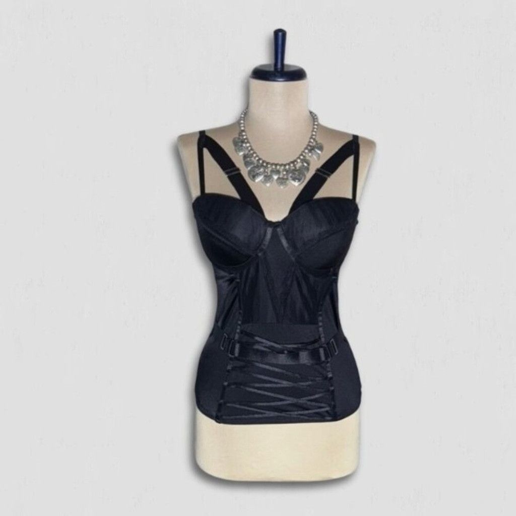 Vintage Buckle Corset Mesh Top Gothic Style Body-Hugging Black L Size L / US 10 / IT 46 - 1 Thumbnail