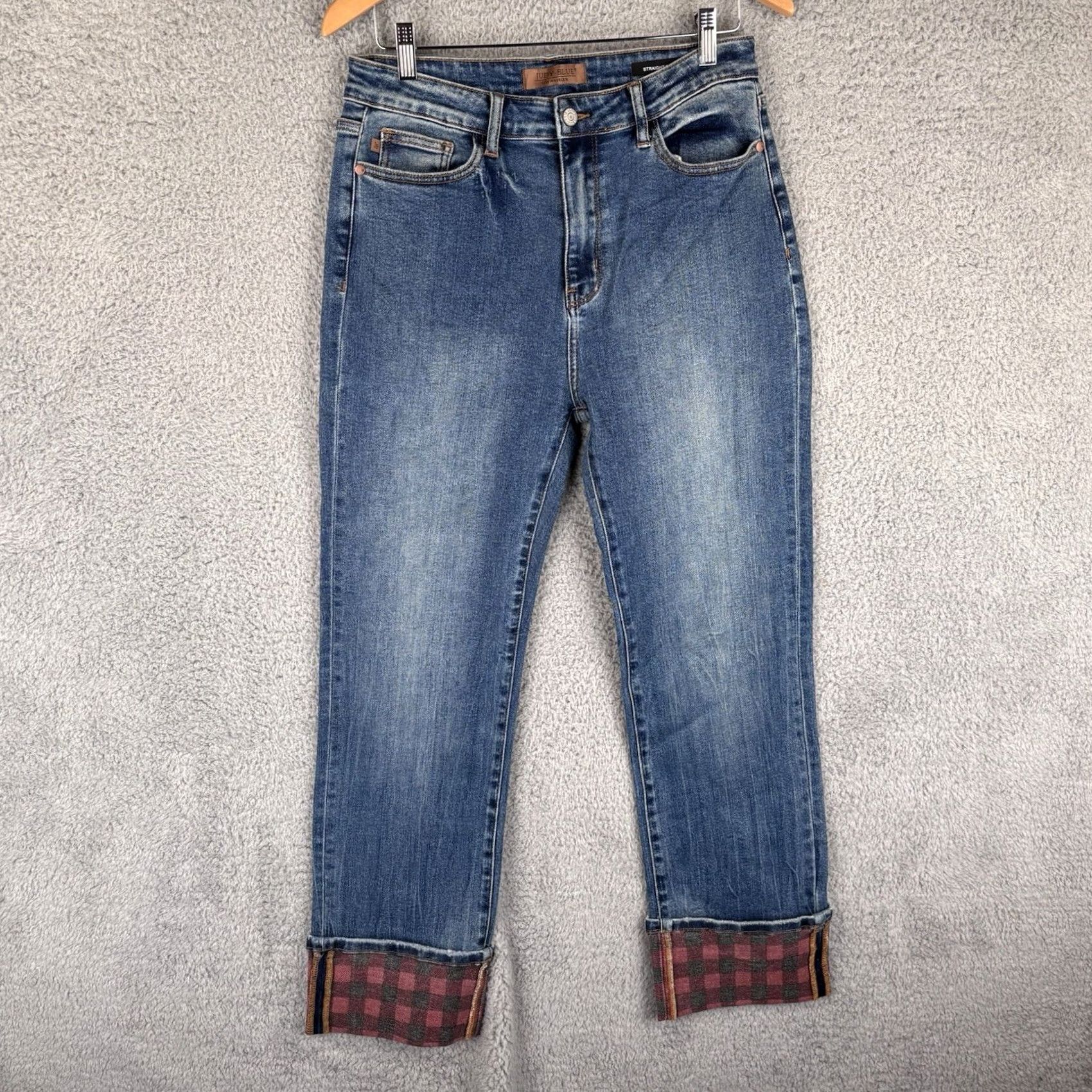 Vintage Judy Blue Jeans Straight Fit High Rise 30x30 30x33 Plaid Cuff Blue Denim Women's 5-Pocket Modern Bohemian Western Vintage? Size 32" / US 10 / IT 46 - 2 Thumbnail