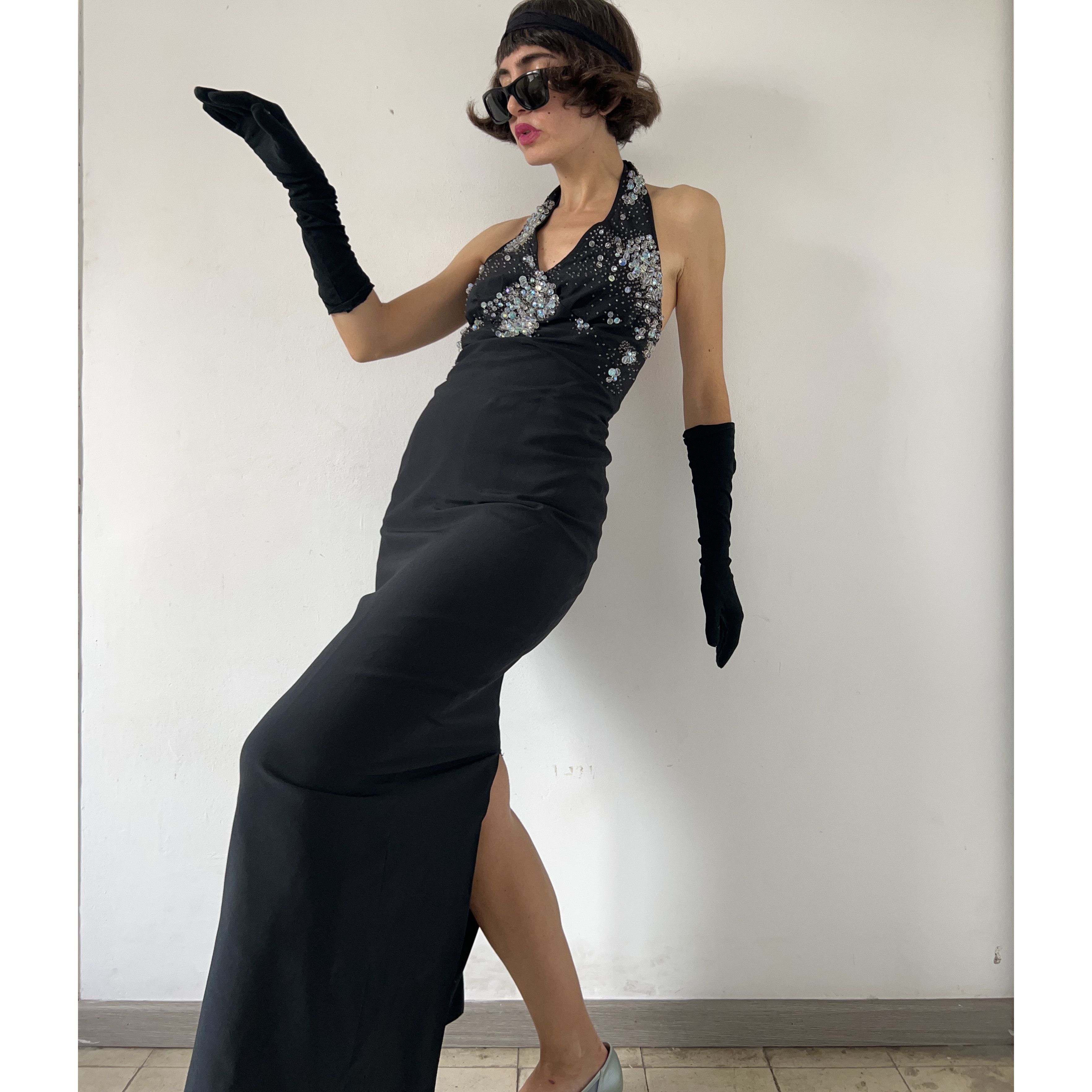 Vintage Vintage 90s Black Beaded Halter Gown Size M / US 6-8 / IT 42-44 - 6 Thumbnail