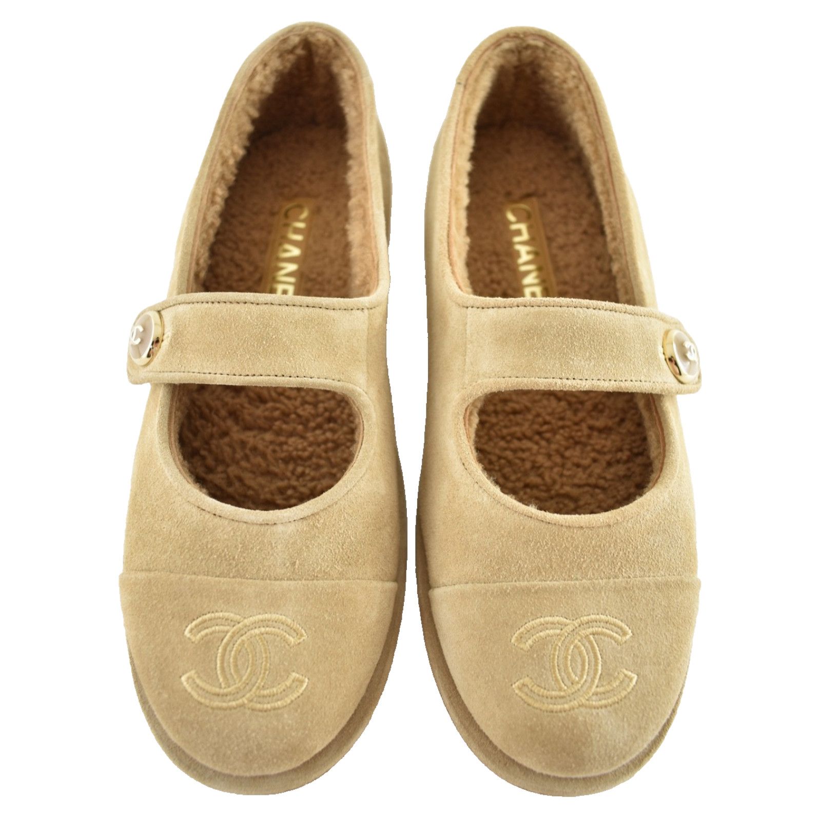 Chanel 25B Beige Suede Shearling Fur Mary Jane Moccasin