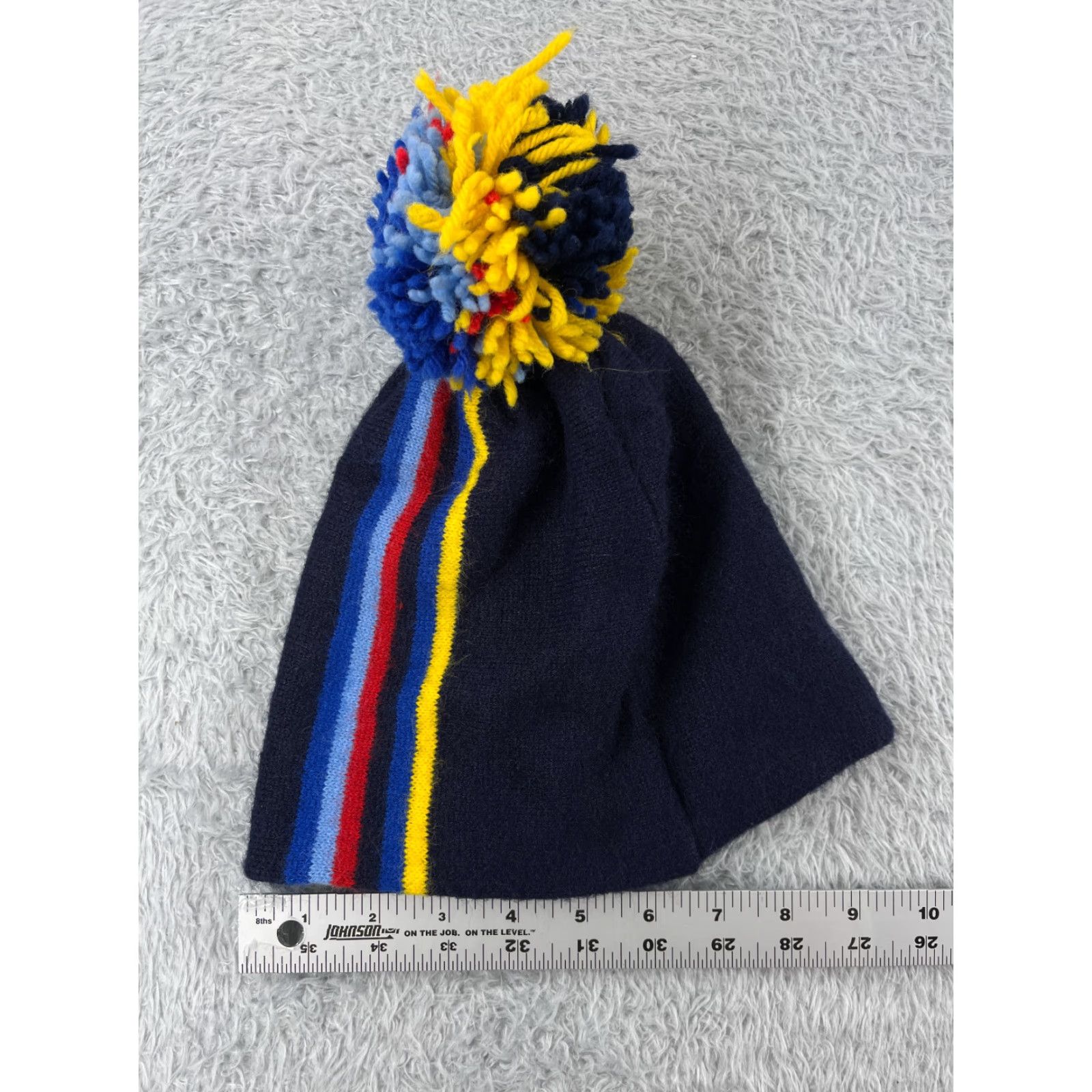 Vintage Beanie Toque Blue Red Yellow Stripe Knit Acrylic Blend Ski Pom Adult One Size Size ONE SIZE - 4 Thumbnail