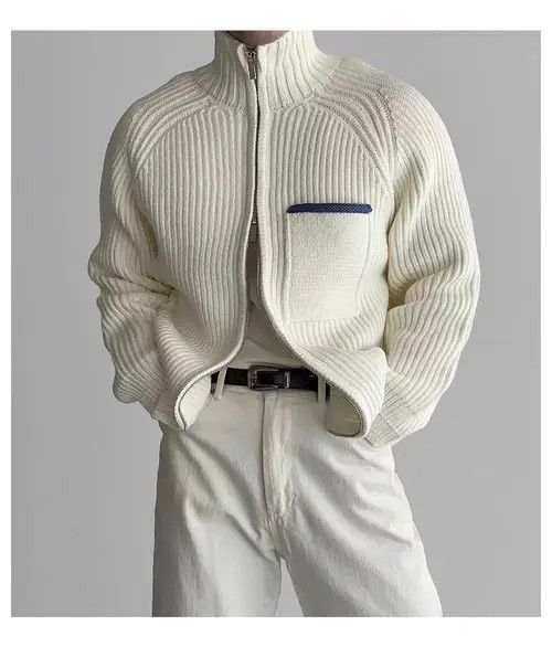 VIBE Vintage Beige Double Pull-On Knit Stand-Up L Jacket Coat Size US L / EU 52-54 / 3 - 3 Thumbnail