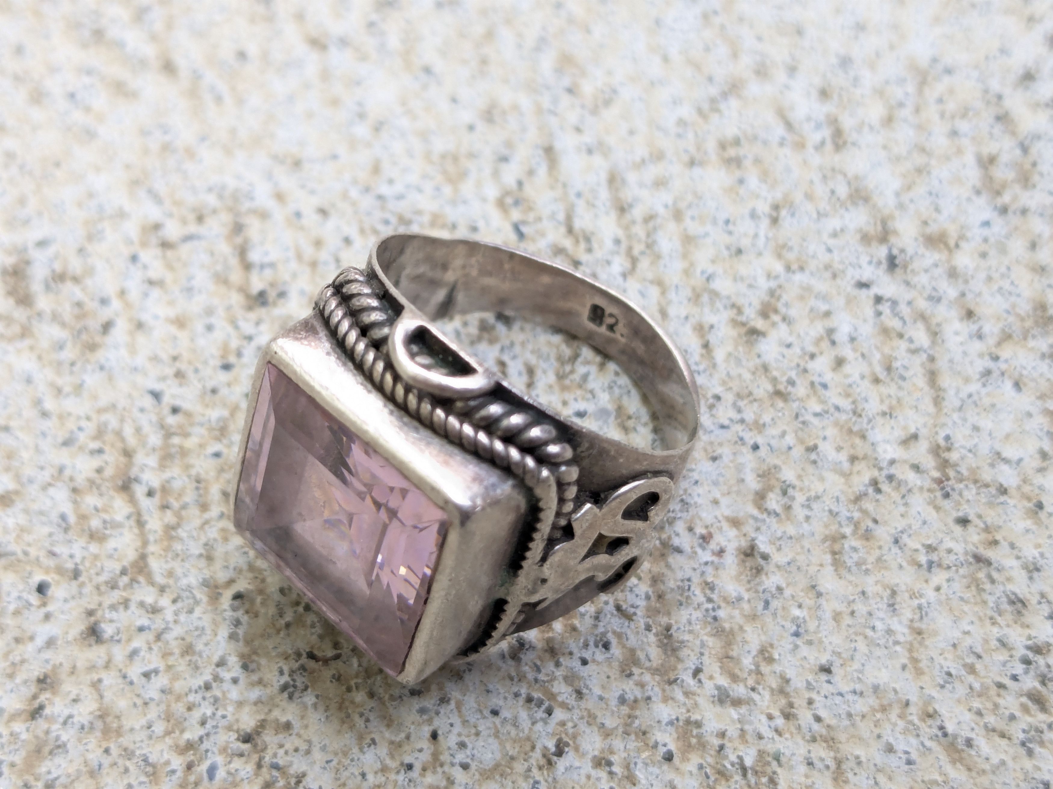 Jewelry × Vintage Vintage Sterling Silver Ring Pink Topaz 7.25 Square Ohm Om Size ONE SIZE - 5 Thumbnail