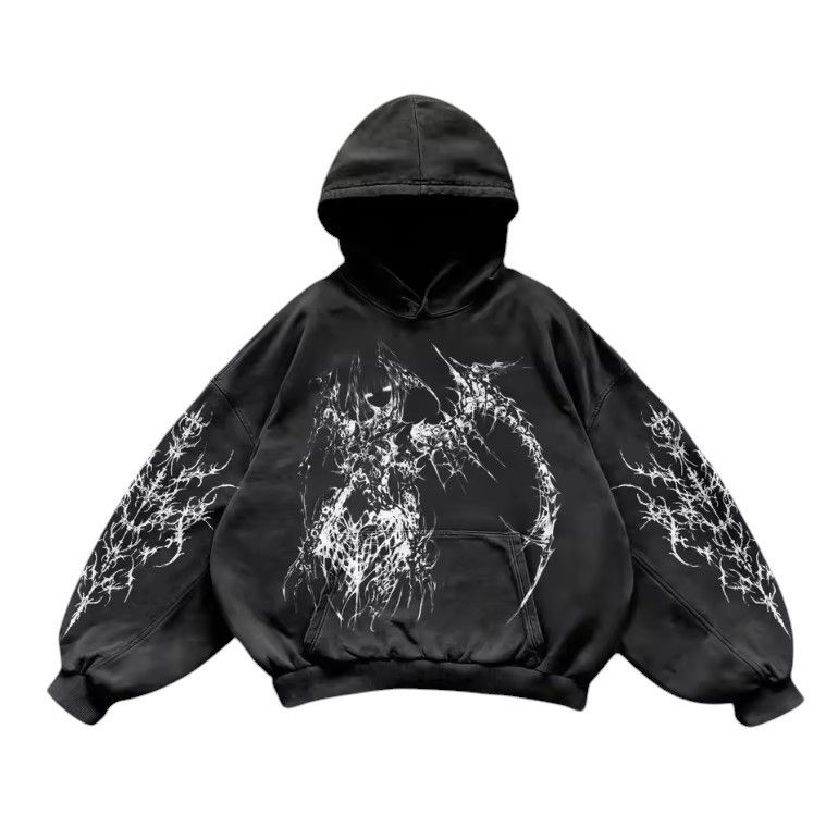 Vintage Mens Graphic Hoodie, Black Dark Streetwear Gothic Jacket, Size US L / EU 52-54 / 3 - 1 Thumbnail