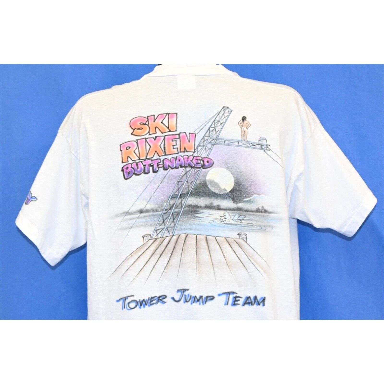 image of Fruit Of The Loom Vintage 80's Ski Rixen Butt Naked Tower Jump Team Sonny Airbrushed T-Shirt XL in 