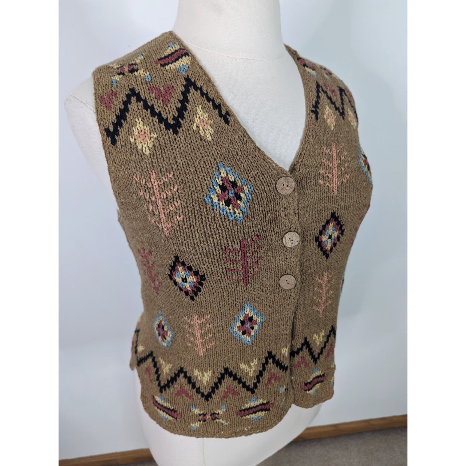 Vintage VINTAGE 00s Y2K Southwestern Aztec Crochet Knit Vest Women’s Large Beige Aztec Vest L Womens V3J Size L / US 10 / IT 46 - 2 Thumbnail