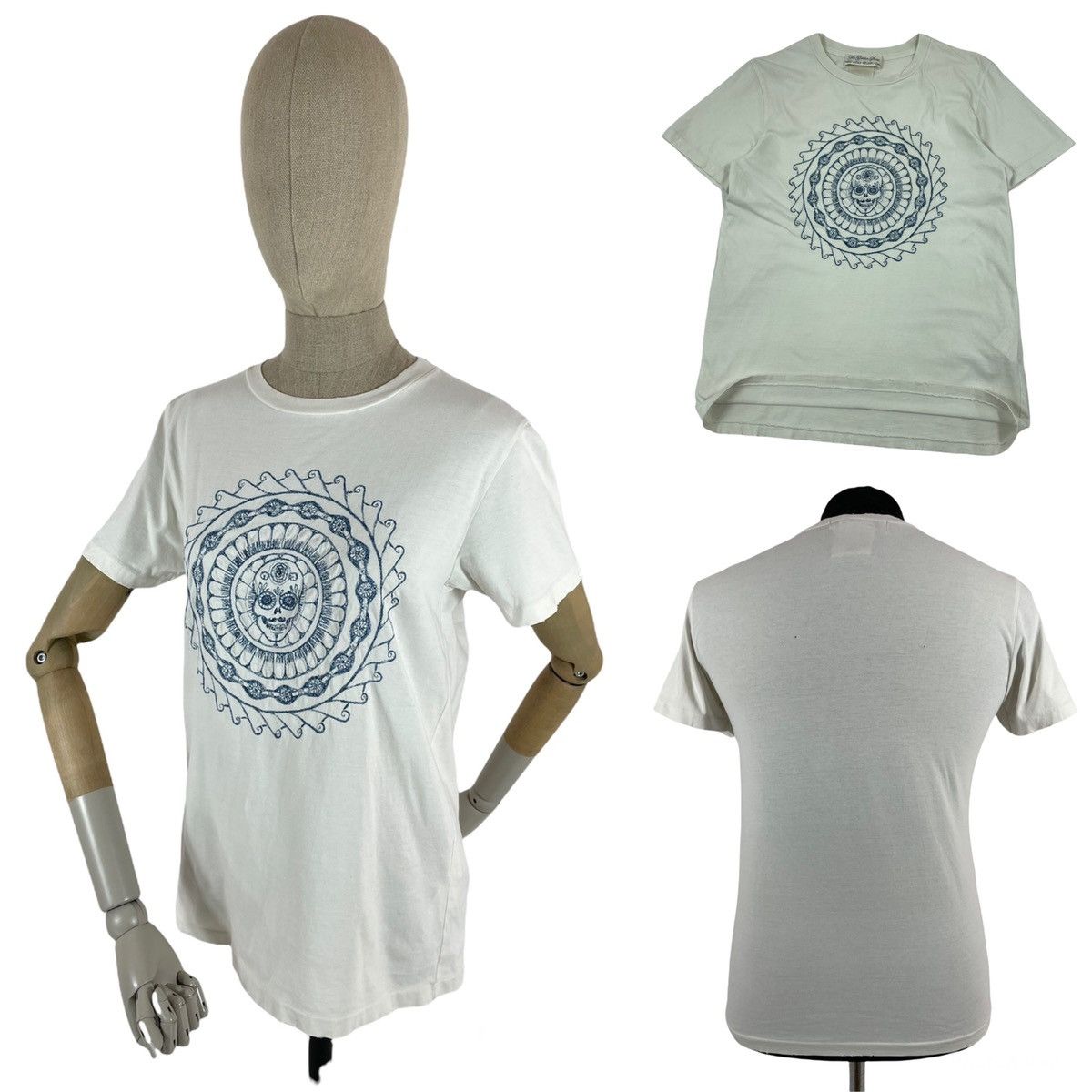 Japanese Brand × Remi Relief × Yohji Yamamoto Japan Embroidered Skull Logo Off White Distressed Short Sleeve T-Shirt Size US M / EU 48-50 / 2 - 1 Thumbnail