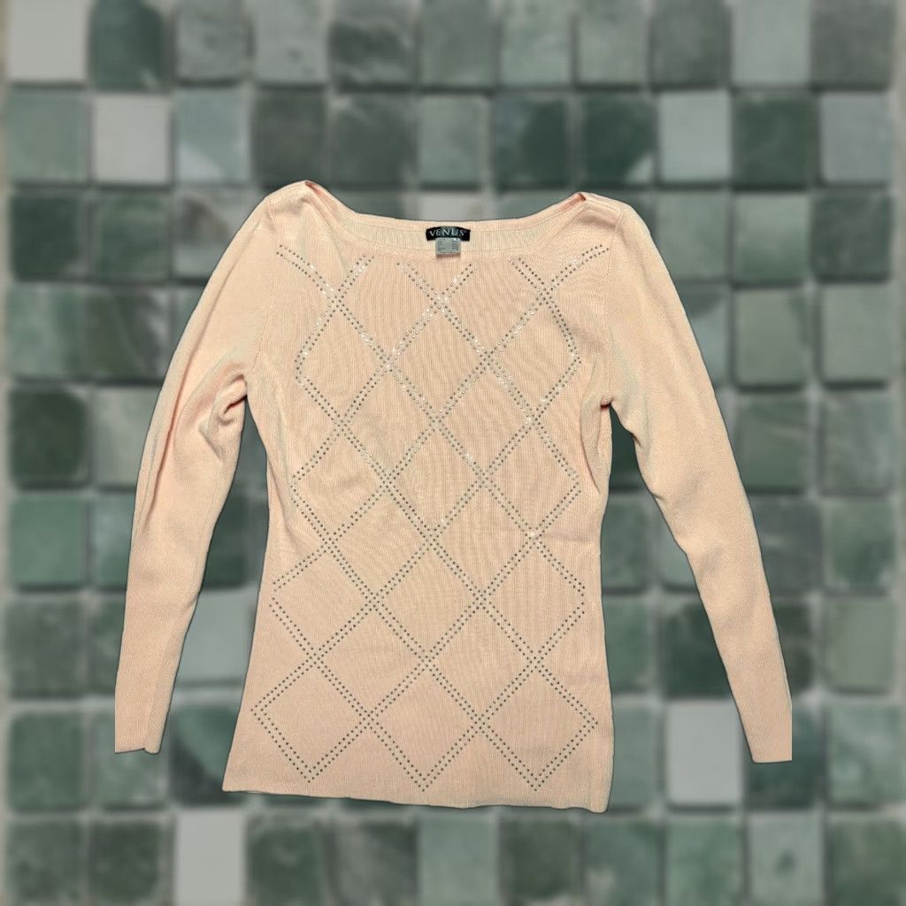 Venus Venus Sweater Womens M Peach Diamond Pattern Studded Pullover, Knit, Long Sleeve, Argyle/Diamond, Orange, Pullover, M, Regular Size M / US 6-8 / IT 42-44 - 1 Thumbnail