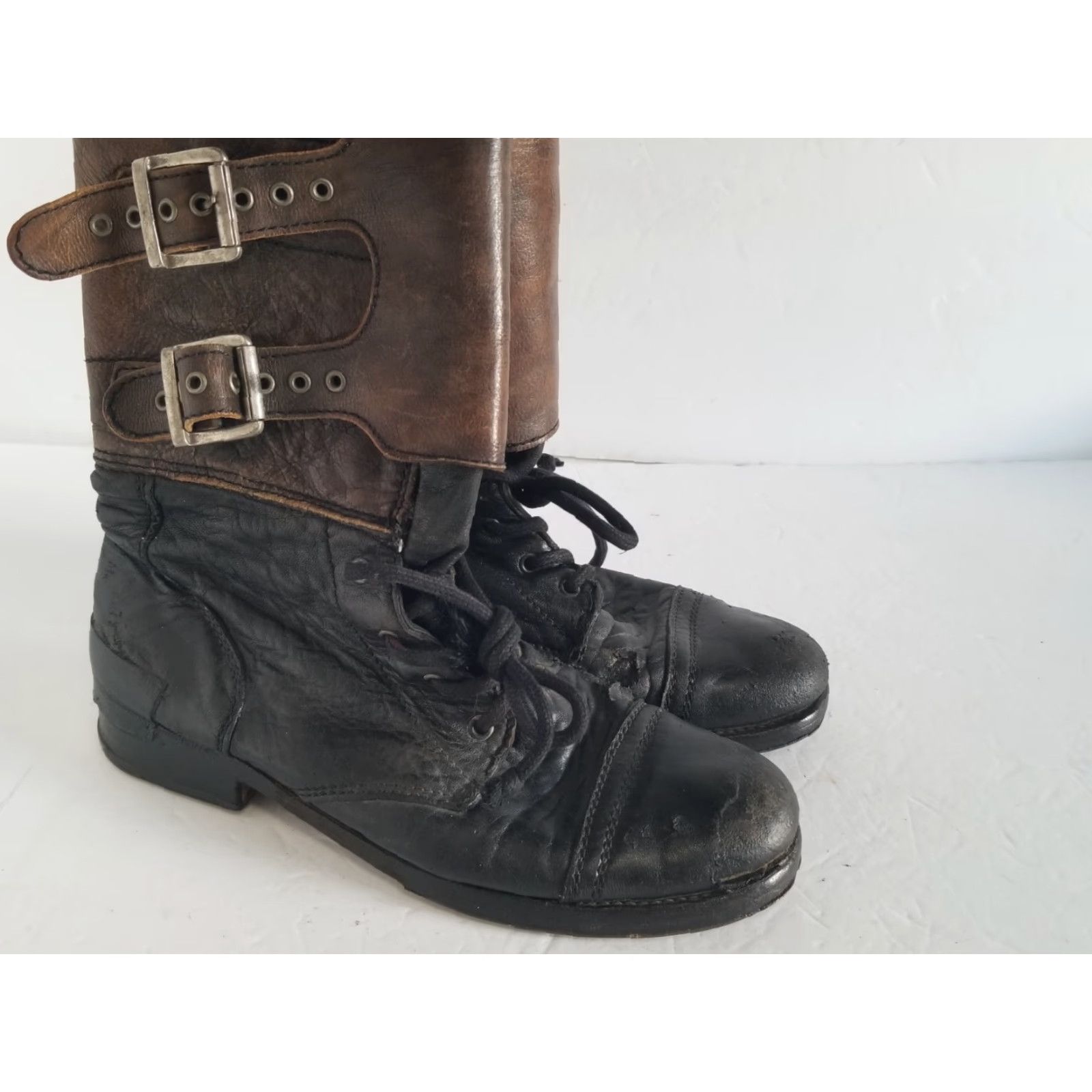Allsaints VINTAGE AllSaints Combat Boots Womens 38 US 7.5 Black Brown Leather Distressed Leather Lined Buckle Adjustable Strap Cap Toe Ankle Bootes? Size US 8 / IT 38 - 2 Thumbnail