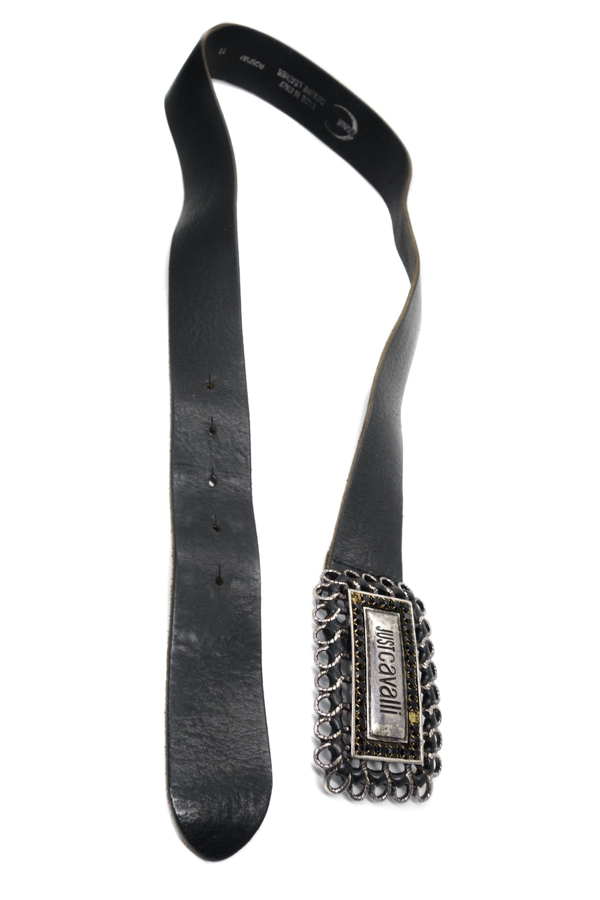 Just Cavalli Y2K Leather Crystal Encrusted Logo Plate Buckle Belt 00s Size ONE SIZE - 6 Thumbnail