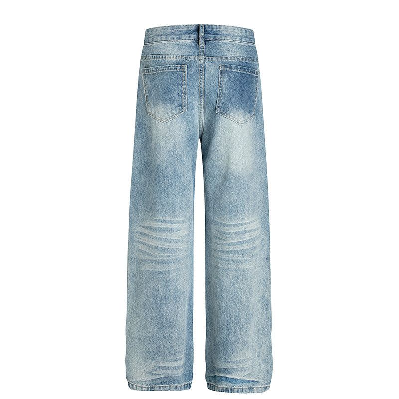 Jean Washed distressed men's retro loose straight leg jeans Size US 32 / EU 48 - 2 Thumbnail