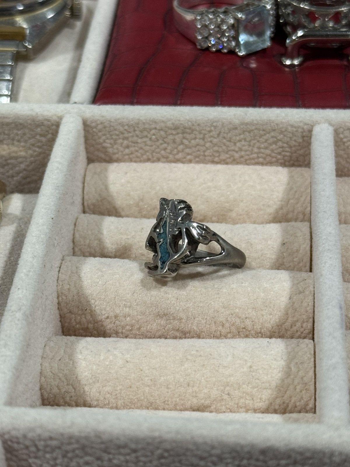 Sterling Silver Vintage 80s Brutalist Sterling Silver Turquoise Inlay Ring Size ONE SIZE - 3 Thumbnail