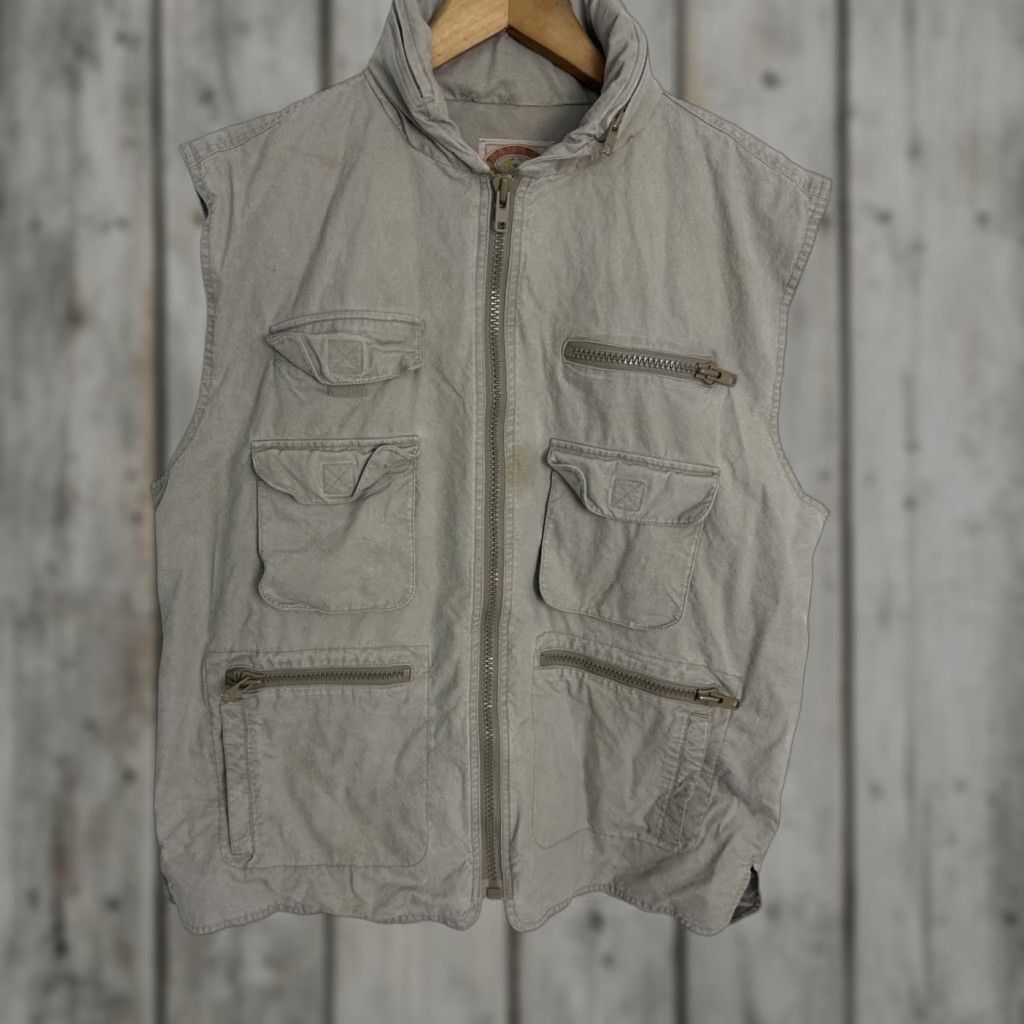 VINTAGE Banana Republic Vest Jacket Men’s Cargo Zip Hooded Travel XL Beige Military Jacket 90s Outdoor Pockets Zipper Casual 80s?