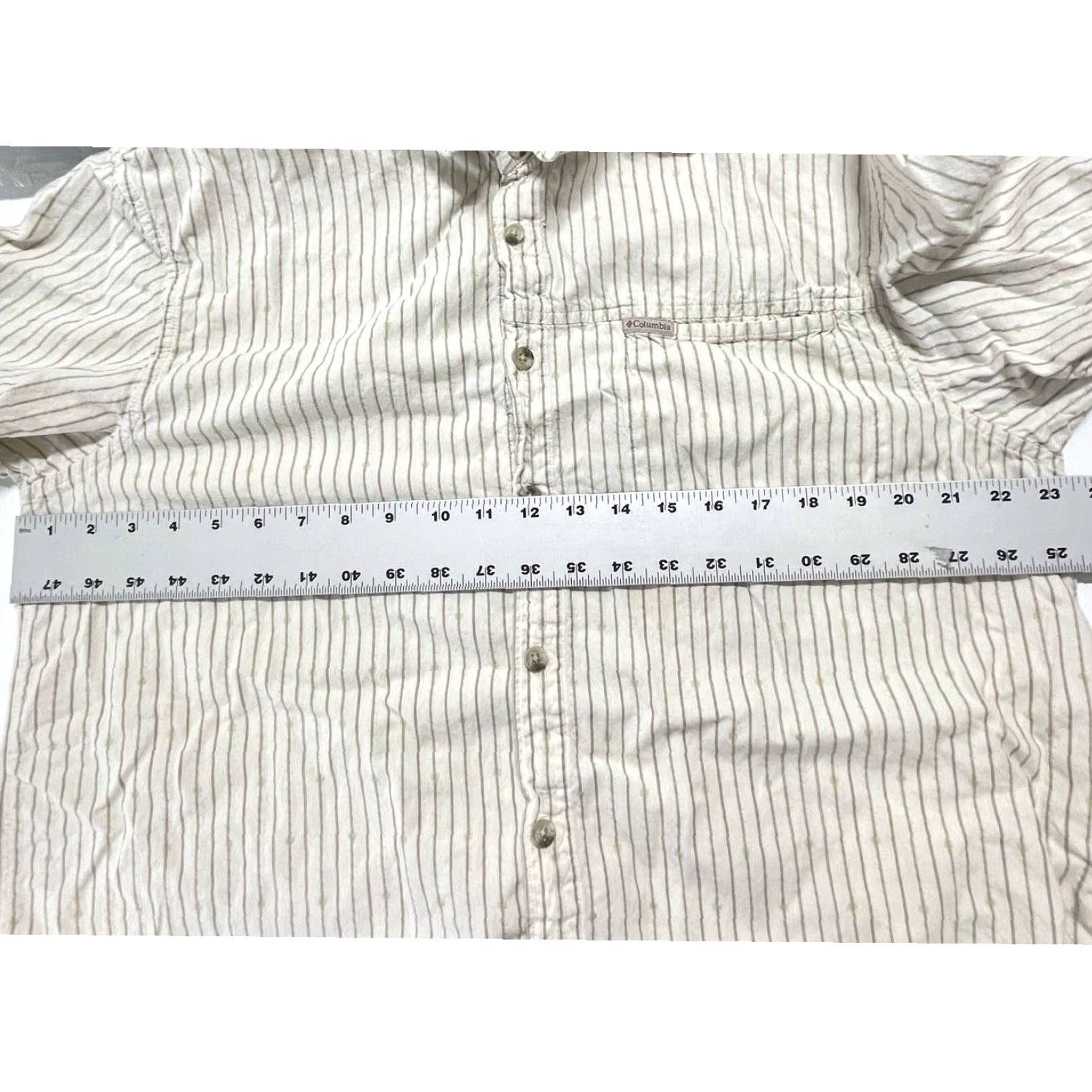 Vintage Columbia Button Up Shirt Mens L Beige Blue Striped Short Sleeve 100% Cotton Regular Fit Casual Classic Outdoor Men Size US L / EU 52-54 / 3 - 6 Thumbnail