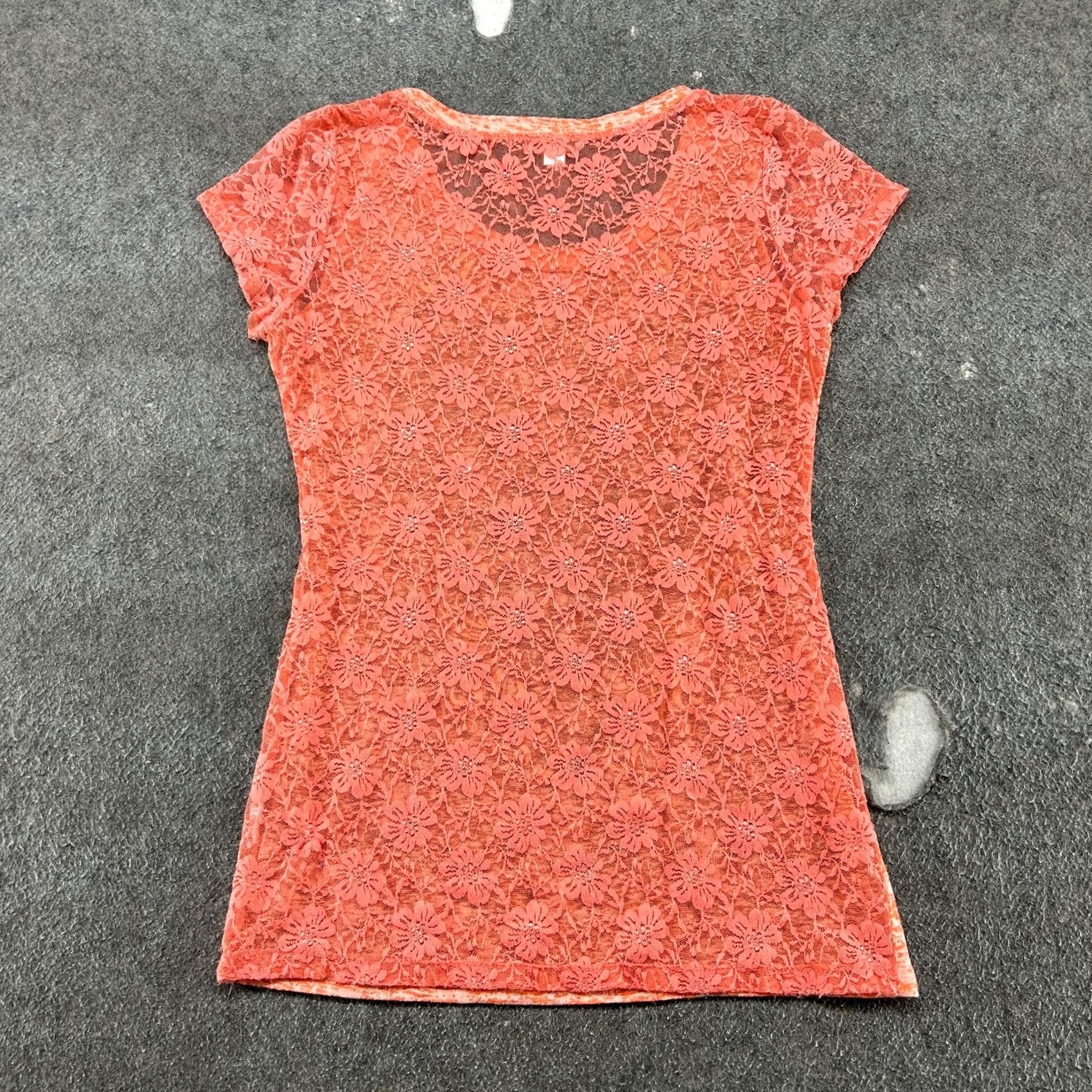 Southpole VINTAGE Southpole Shirt Womens M Orange Lace Trim Rhinestone Floral Bling Y2K Size M / US 6-8 / IT 42-44 - 4 Thumbnail