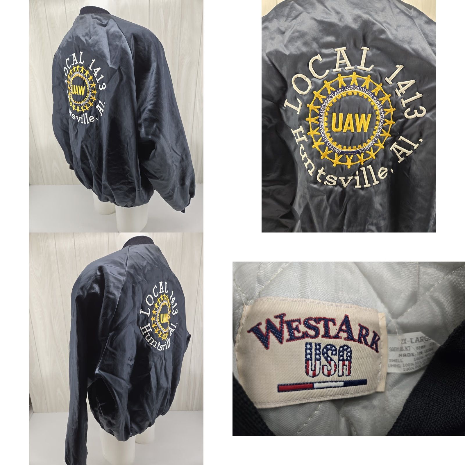 Vintage VINTAGE UAW Satin Jacket Local 1413 Huntsville AL 2XL Blue Embroidered Logo Westark Bomber Jacket Mens Size US XXL / EU 58 / 5 - 8 Thumbnail