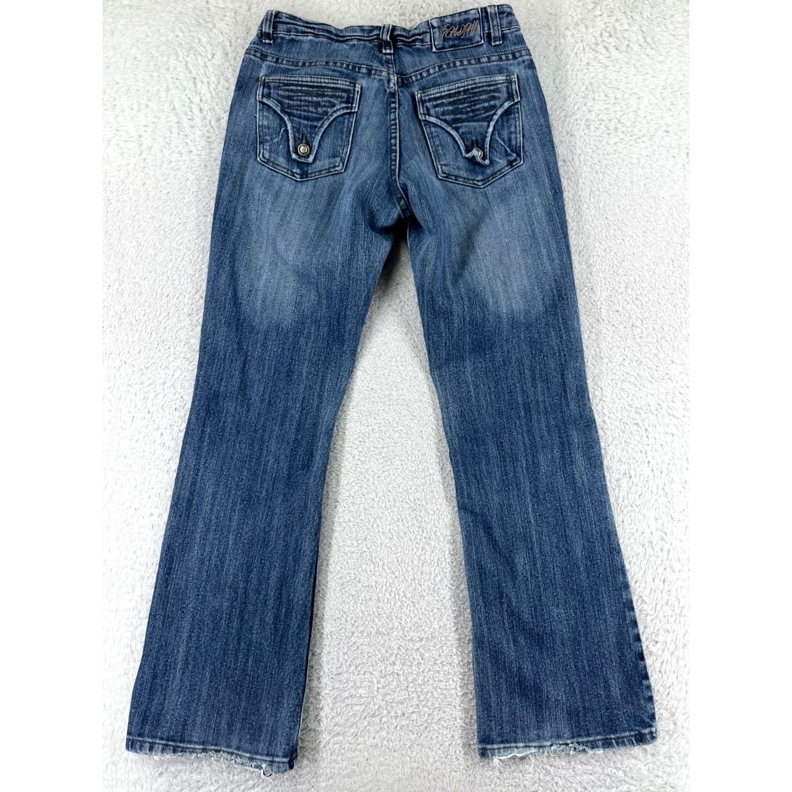 Vintage Scandal Jeans Women Bootcut Denim 5-Pocket Blue Mid Rise 28 Inseam 30 Cotton Blend Stretch Distressed Embroidered Zipper Modern Casual Womens Jeans Size 28" / US 6 / IT 42 - 2 Thumbnail