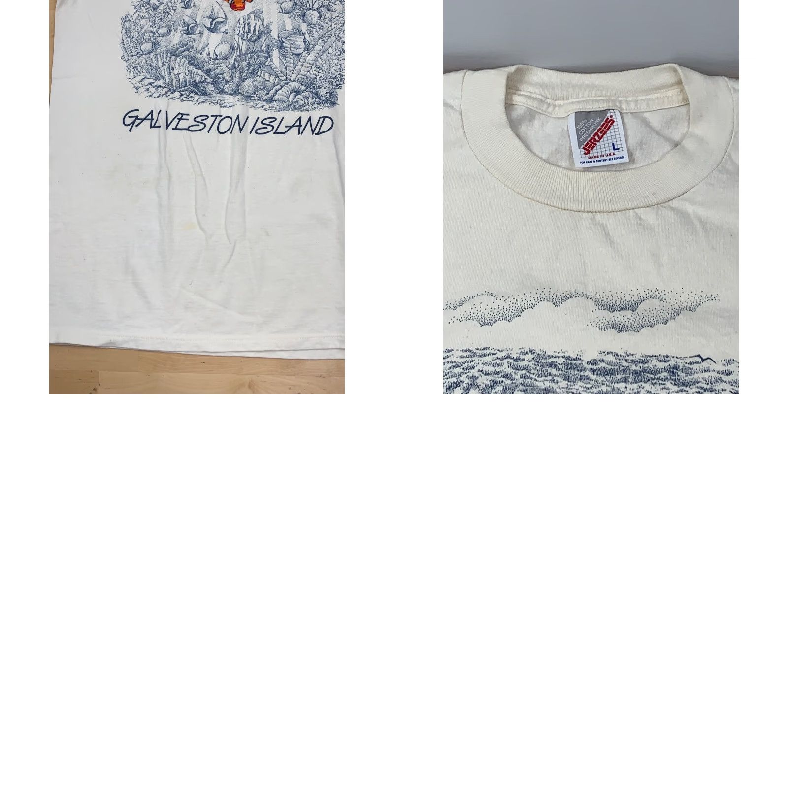 Jerzees VINTAGE Galveston Island T Shirt L White Embroidered Fish 4828 Mens Size US L / EU 52-54 / 3 - 8 Thumbnail