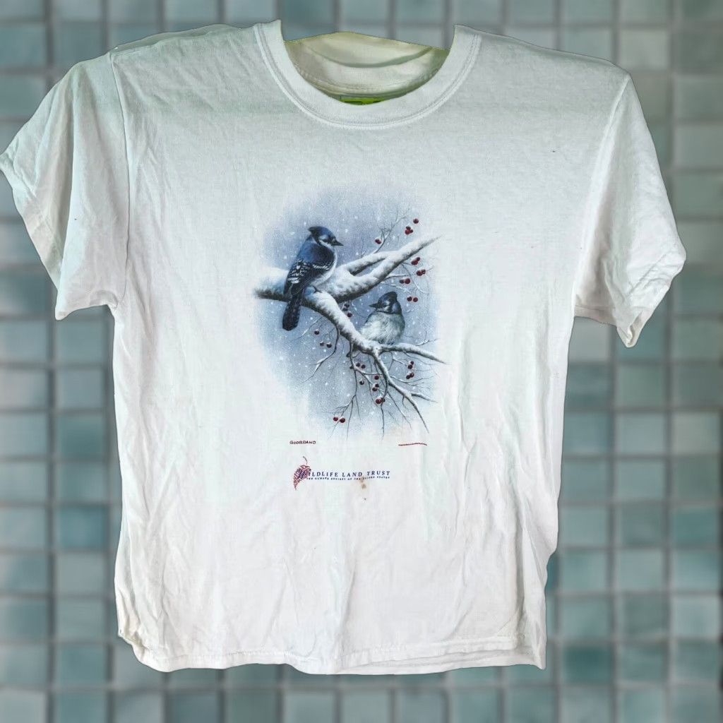Gildan VINTAGE Wildlife Land Trust Giordano Birds T-Shirt Men Adult Large White Cotton Bird Theme Short Sleeve Crew Neck Easy Care Size US L / EU 52-54 / 3 - 1 Thumbnail