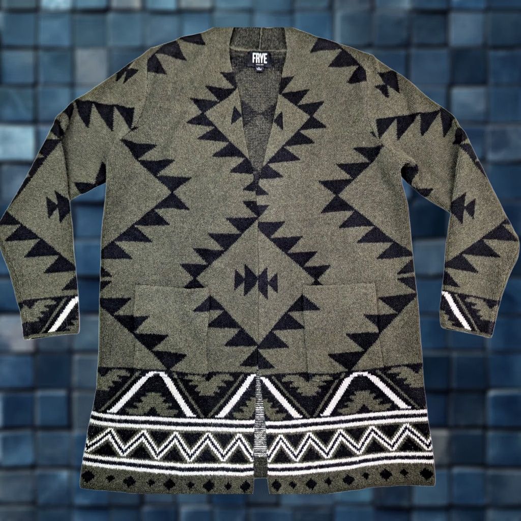 Frye Frye Cardigan Women L Aztec Open Front Green Jacquard Tribal Long Sleeve Polyester Blend Size L / US 10 / IT 46 - 1 Thumbnail