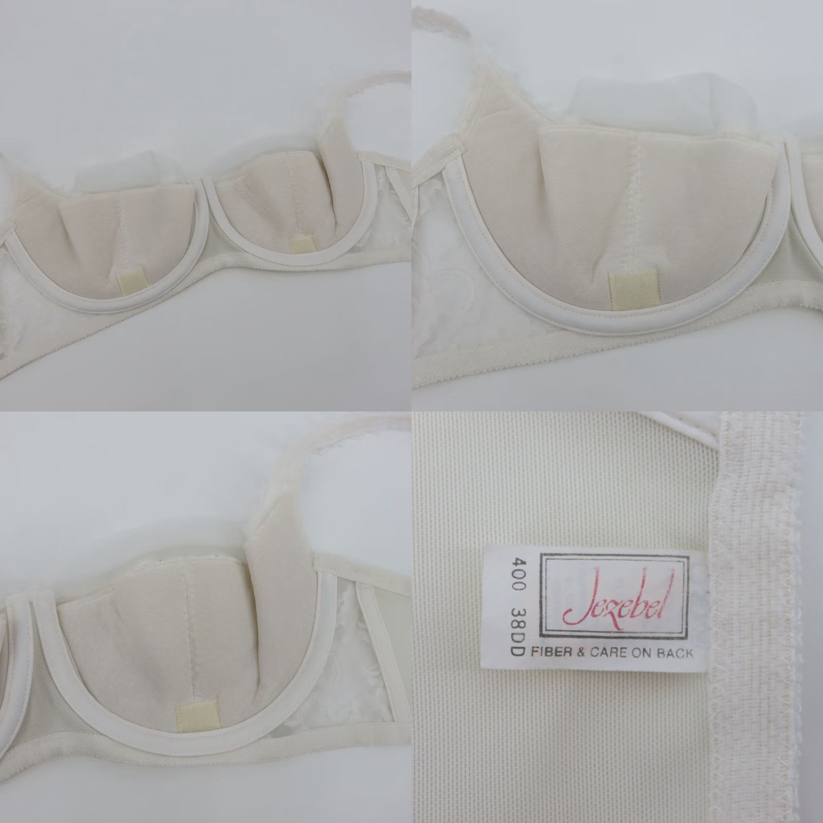 Vintage VINTAGE Jezebel Bra Balconette 38D 38DD White Floral Lace Tulle Underwire Nylon Blended Fabric 400 Hooks & Eye Womens Size ONE SIZE - 8 Thumbnail