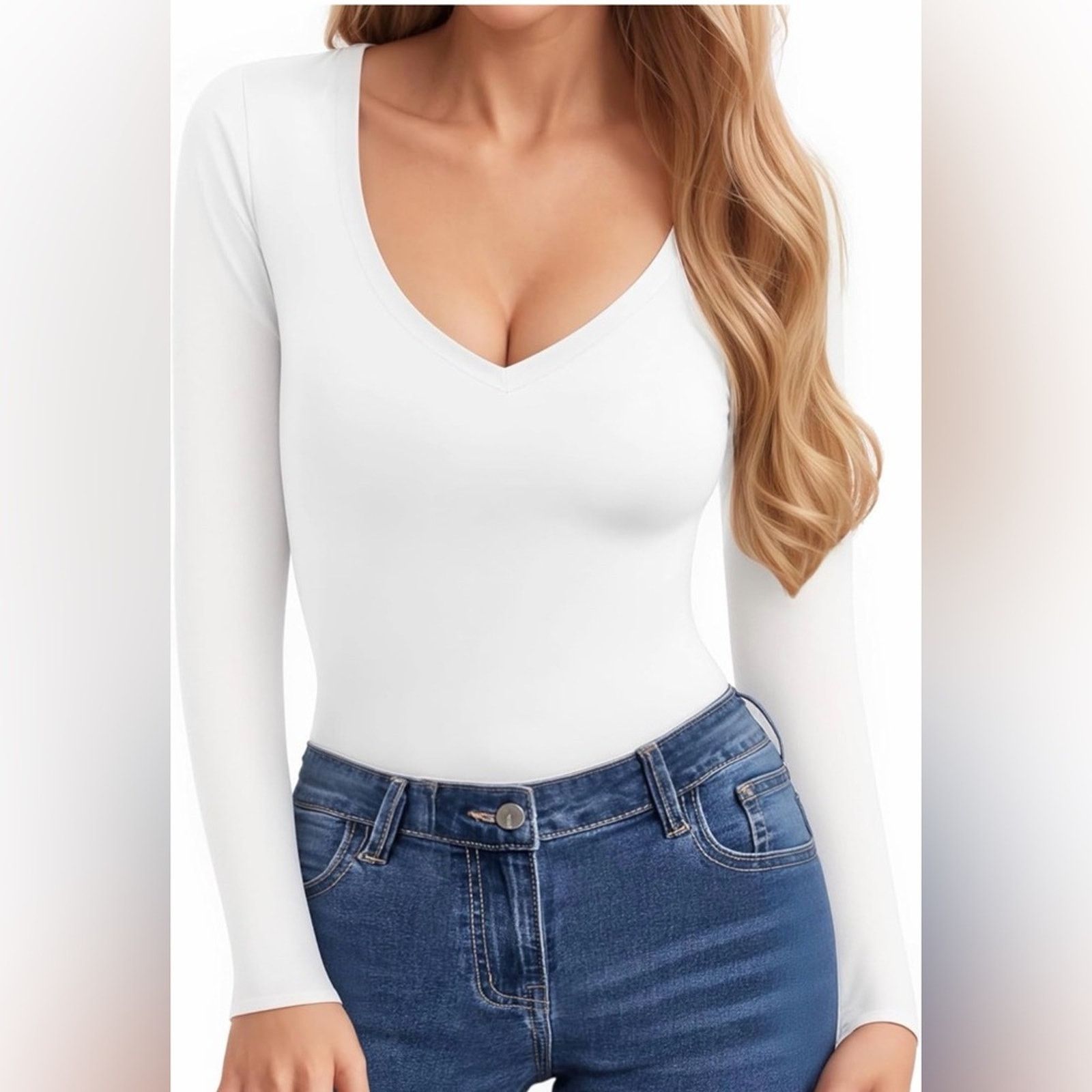 Other Basic Casual White V-Neck Long Sleeve Top size XS/S Size S / US 4 / IT 40 - 1 Thumbnail