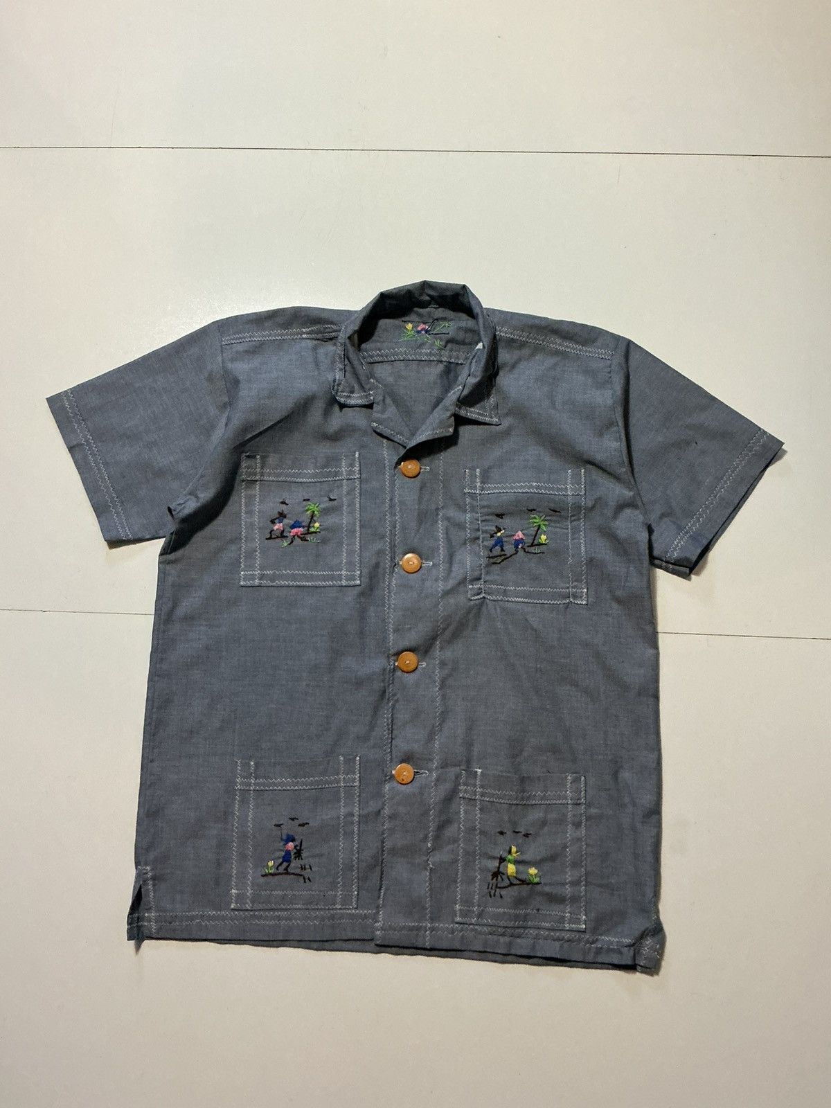 Vintage Vintage Blue Chambray Embroidered Guayabera Folk Art Shirt Size US M / EU 48-50 / 2 - 1 Thumbnail