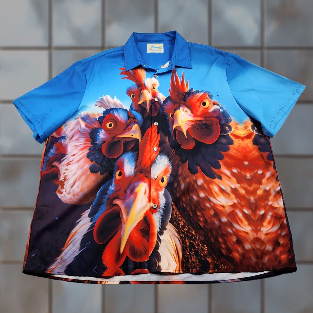 Vintage VINTAGE Hawaiian Shirt Mens 3XL Blue Chicken Rooster Print Aloha Hawaiian Vacation Shirt Graphic Print Short Sleeve Button-Up Casual Mens Size US XXL / EU 58 / 5 - 1 Thumbnail