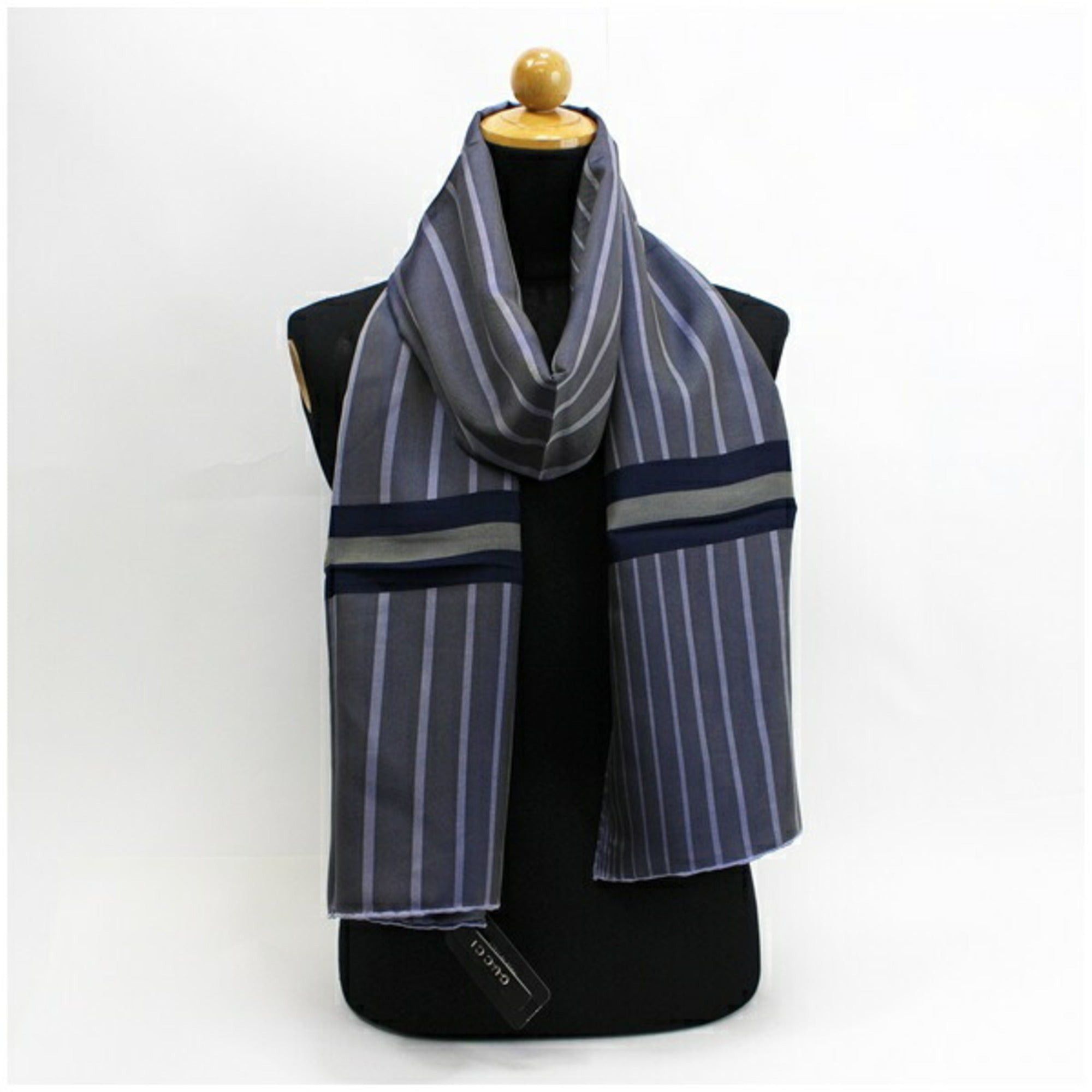 image of Gucci Silk Scarf Muffler Gray X Navy Purple Striped Pattern Women's Multicolor in Black