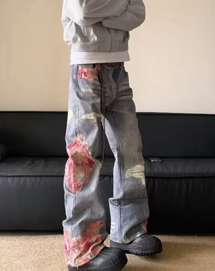 Japanese Brand VIBE High street printed patchwork retro flared baggy jeans Size US 27 - 3 Thumbnail