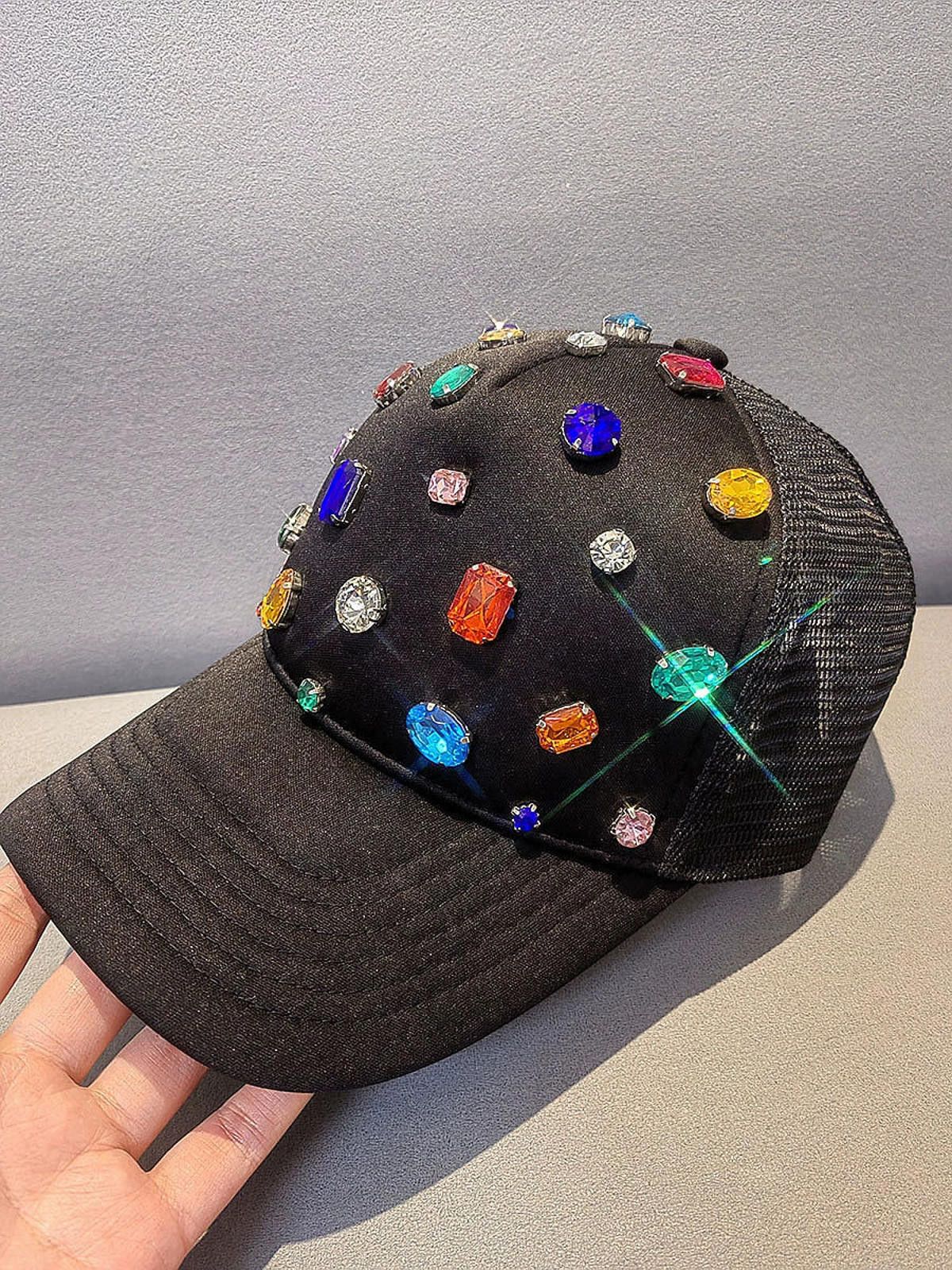 Other Black Embellished Mesh Back Cap, Colorful Rhinestone Hat Size ONE SIZE - 3 Thumbnail