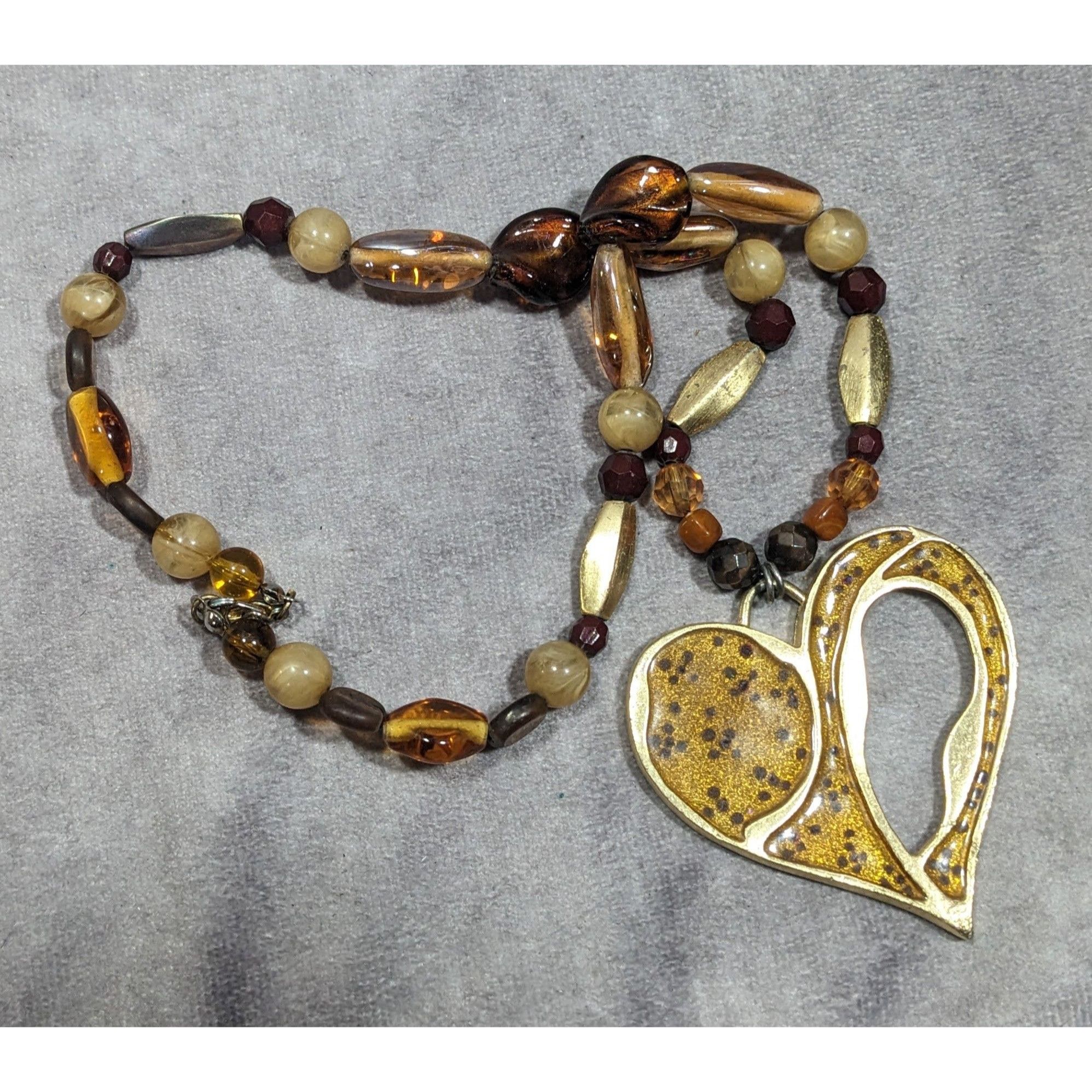 Other Chunky Unique Heart Pendant Necklace Brown And Gold Tone Wit Size ONE SIZE - 10 Thumbnail
