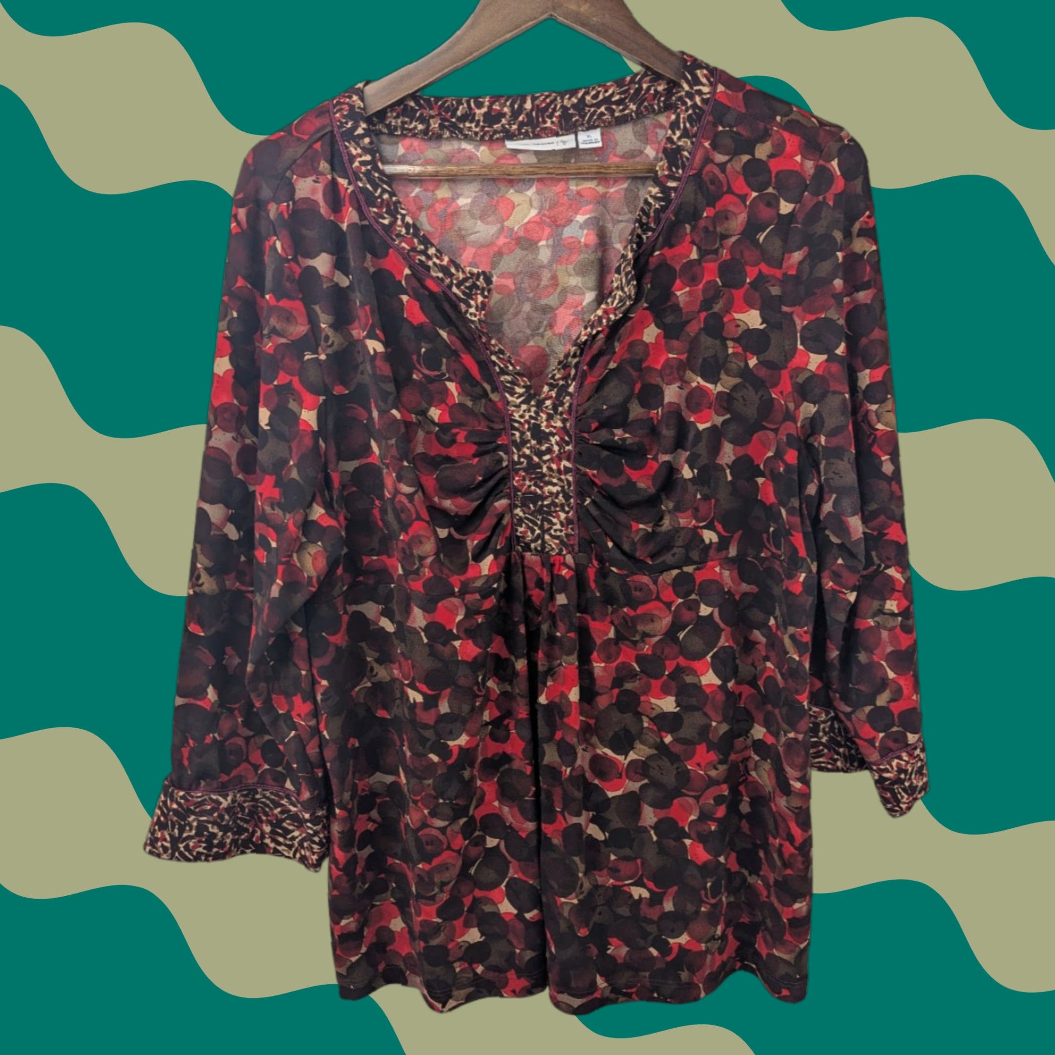 Vintage Susan Graver Red Liquid Knit Printed Top Ruched Neckline A91328 XL Tunic Blouse 3/4 Sleeve Solid Knit Polyester Spandex Classic Womens Size XL / US 12-14 / IT 48-50 - 1 Thumbnail