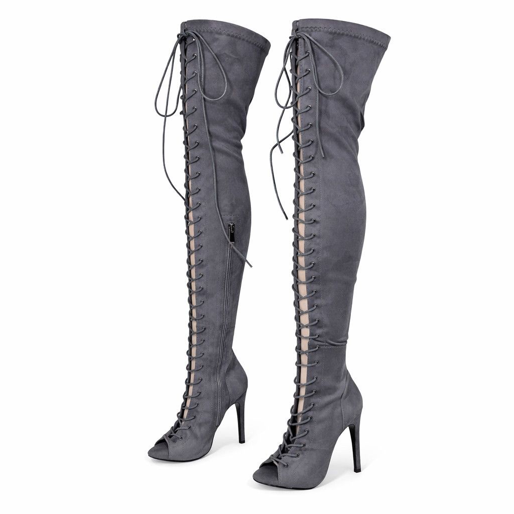 Other Top Show Gray Stretch FX Suede Lace Up Open Toe High Heel OT Size US 6.5 / IT 36.5 - 1 Thumbnail