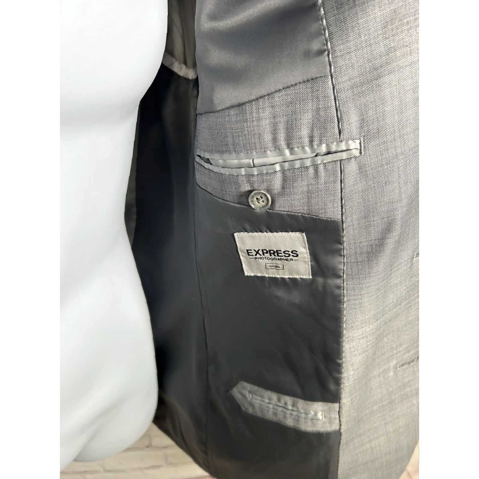 Express Express Blazer Jacket Coat Gray Wool Blend Two-Button Single-Breasted Notch Lapel Plaid Slim 40 Mens Polo? Wait. Size 40R - 6 Thumbnail