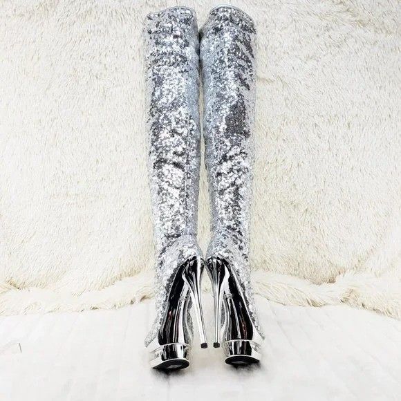 Other Blondie 3011 Silver Sequin Slouchy High Heel Platform Thigh Size US 8 / IT 38 - 5 Thumbnail