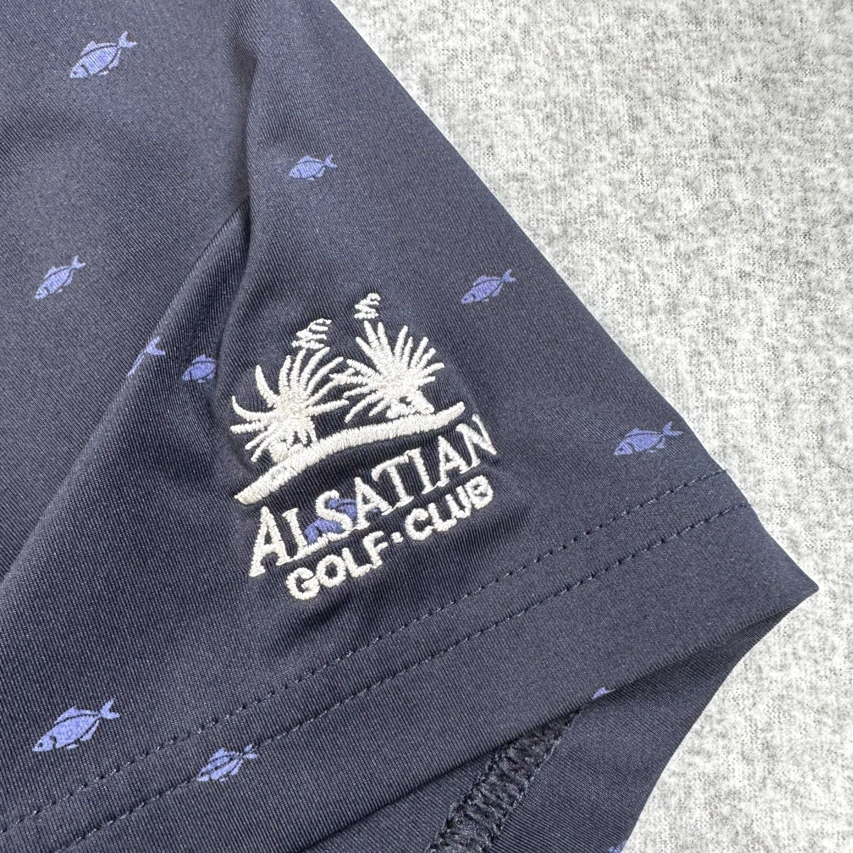 FootJoy Polo Shirt Mens L Blue Fish Print Alsatian Golf Club Short Sleeve Polo Shirt Mens Blue Fish Print