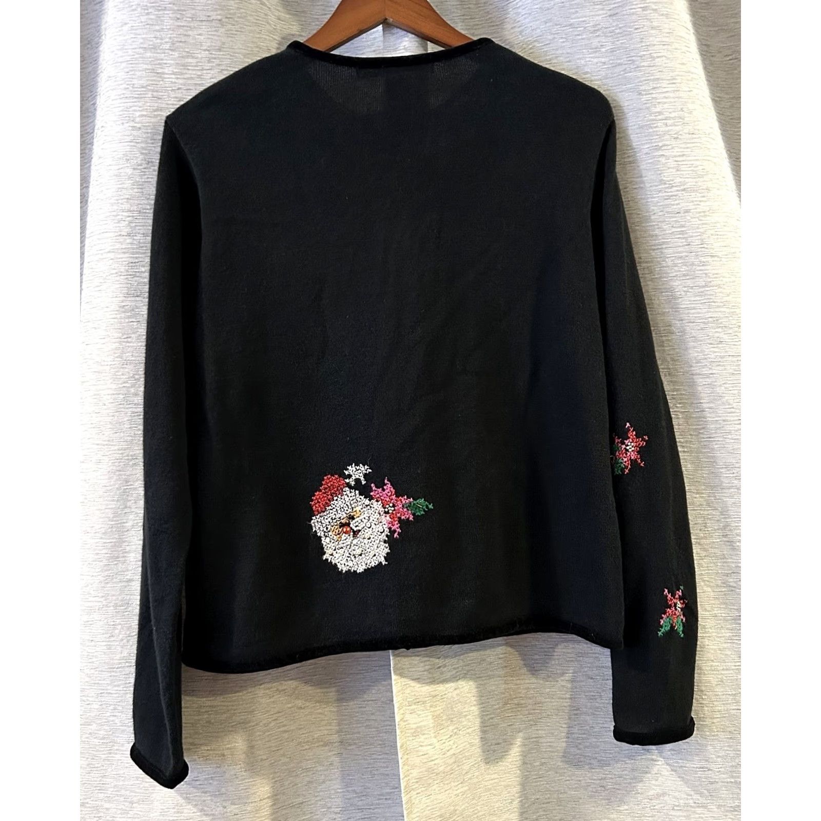 Vintage VINTAGE In The Dream Garden Santa Christmas Cardigan Women L Black Knit Cotton Blend Sweater Long Sleeve - Size L / US 10 / IT 46 - 4 Thumbnail